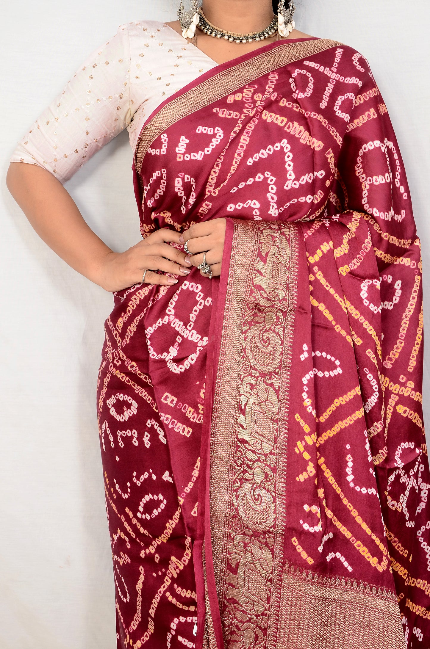 Enchanting Weaves Wine bandhani saree