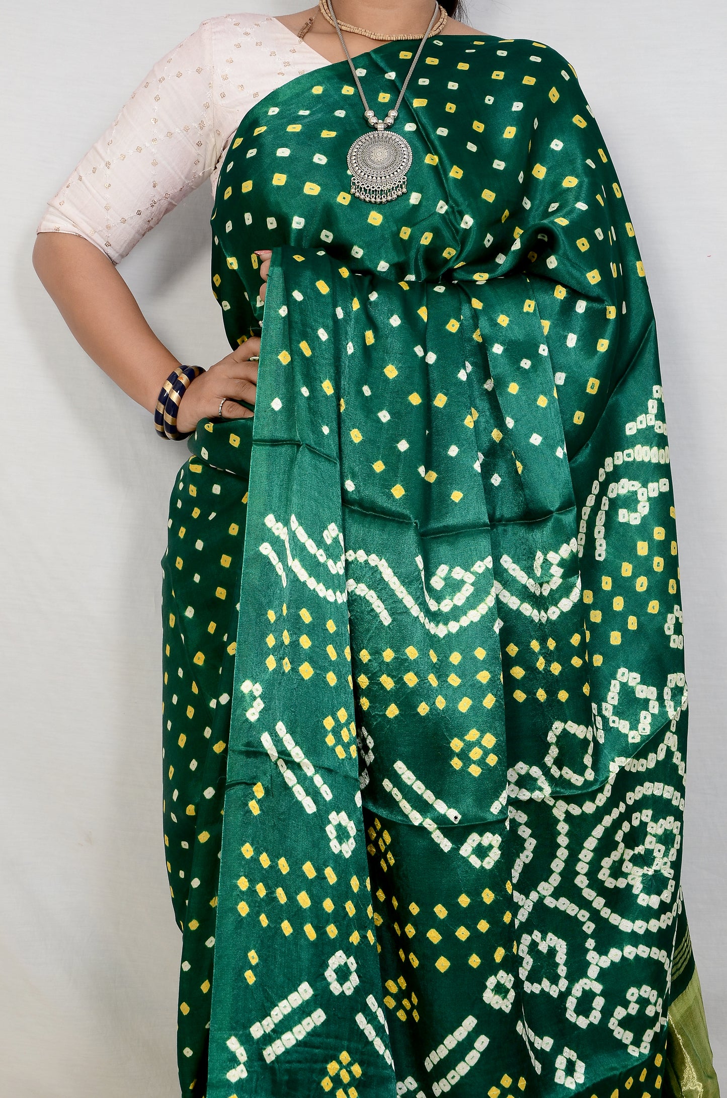 Green Modal Silk Saree with Traditional Bandhani Work