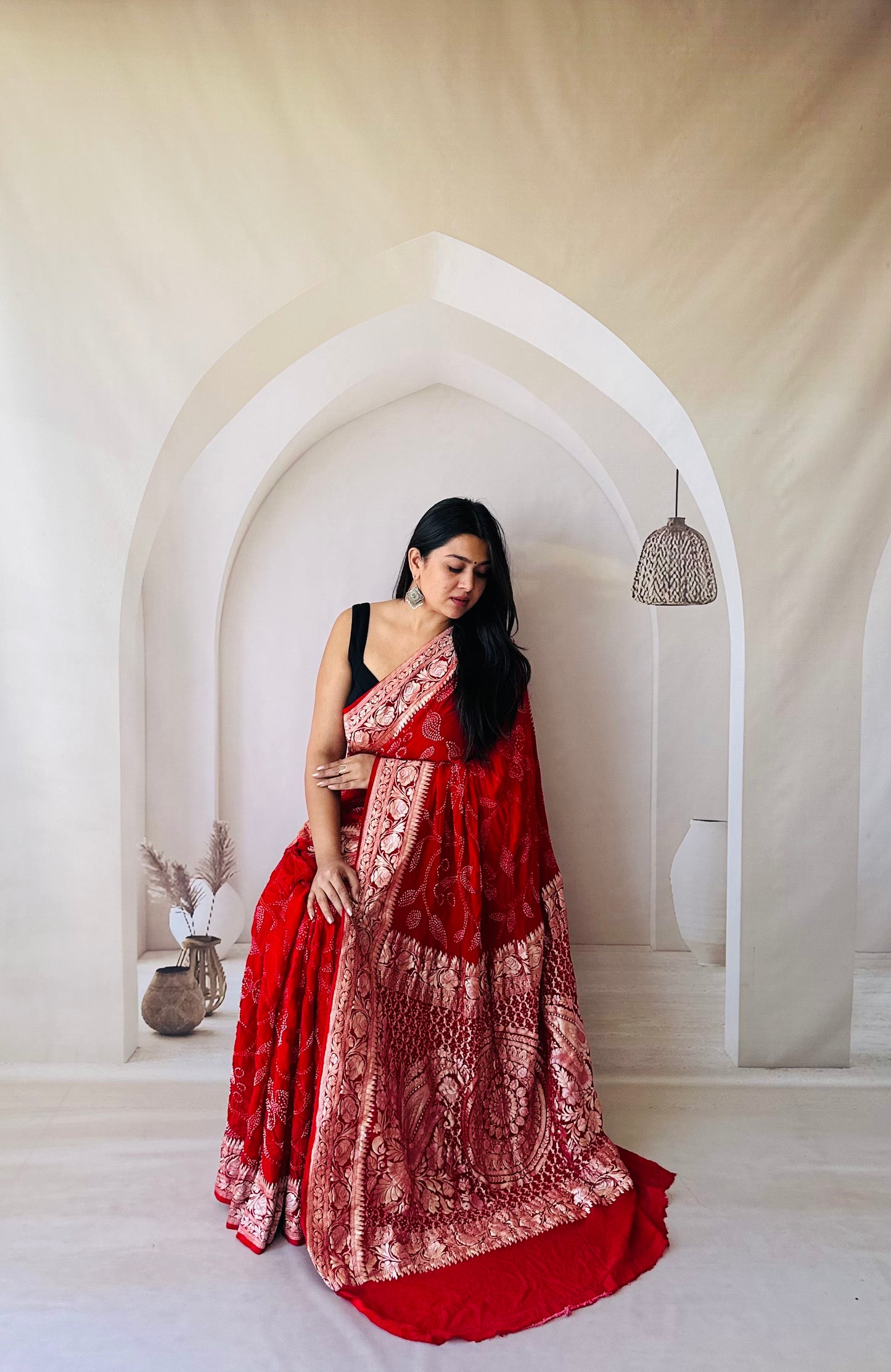 Blood Red Tested Zari Banarasi Bandhani Saree