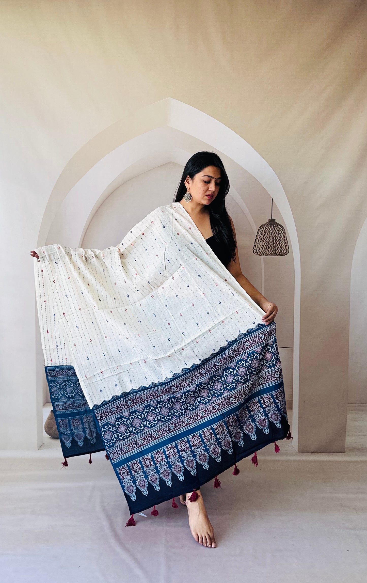 Earthy touch Ajarakh white and blue cotton dupatta