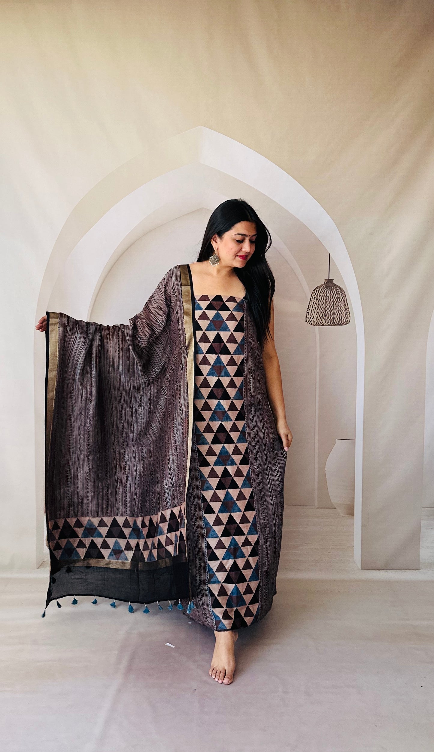 Premium Chanderi cotton Ajarakh Block Print Brown kurta -dupatta Material