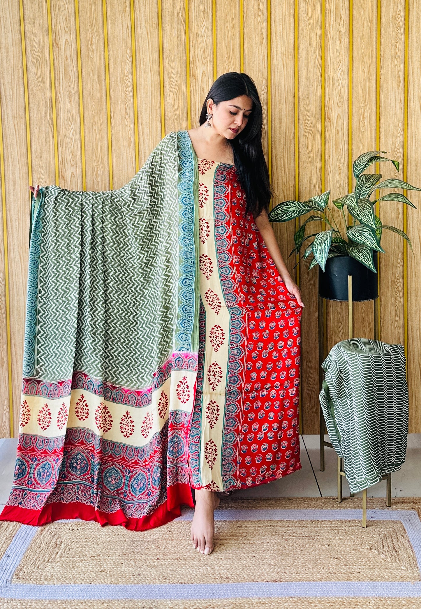 silk essence green and red dress material