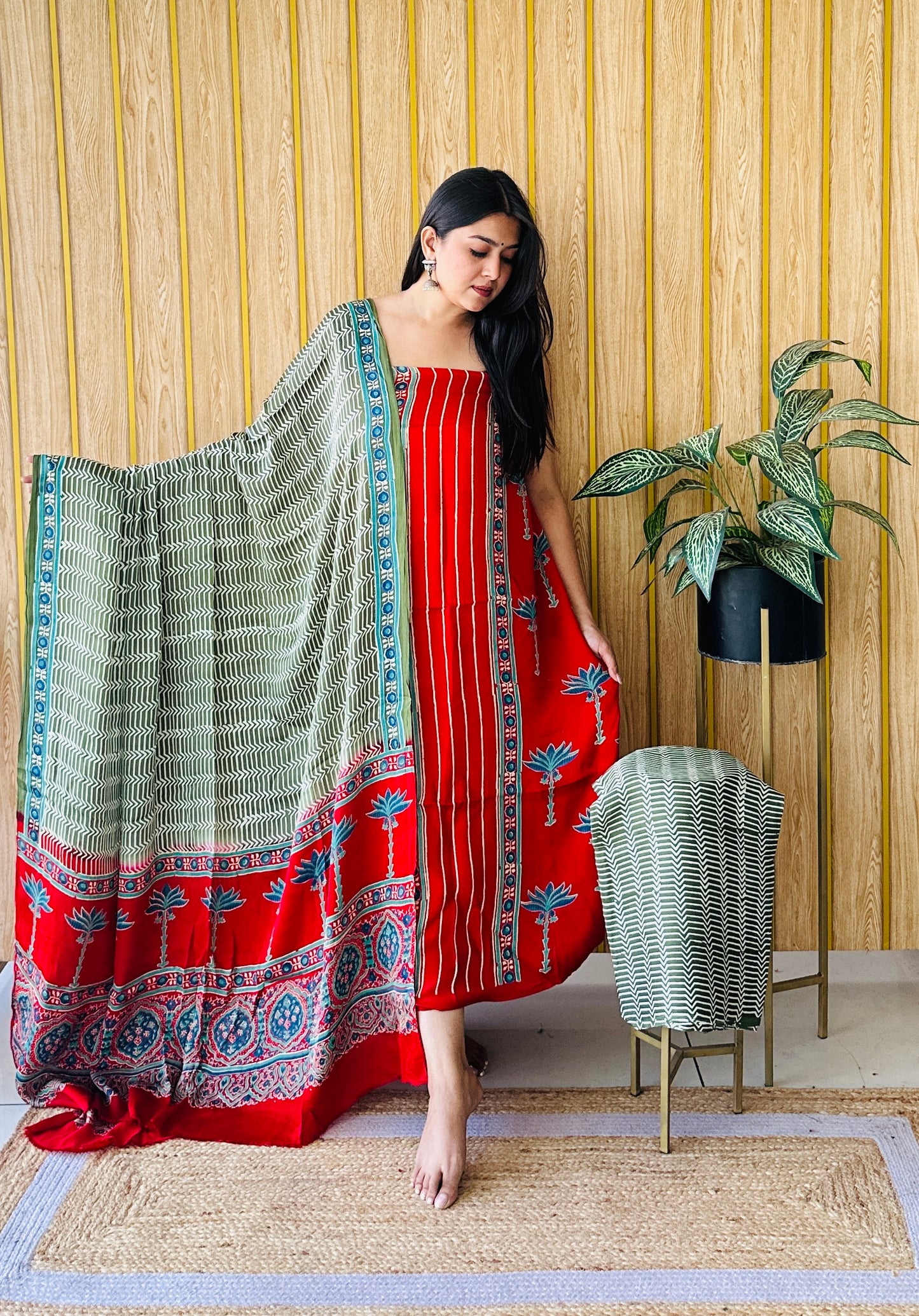 lotus glow red and green dress material