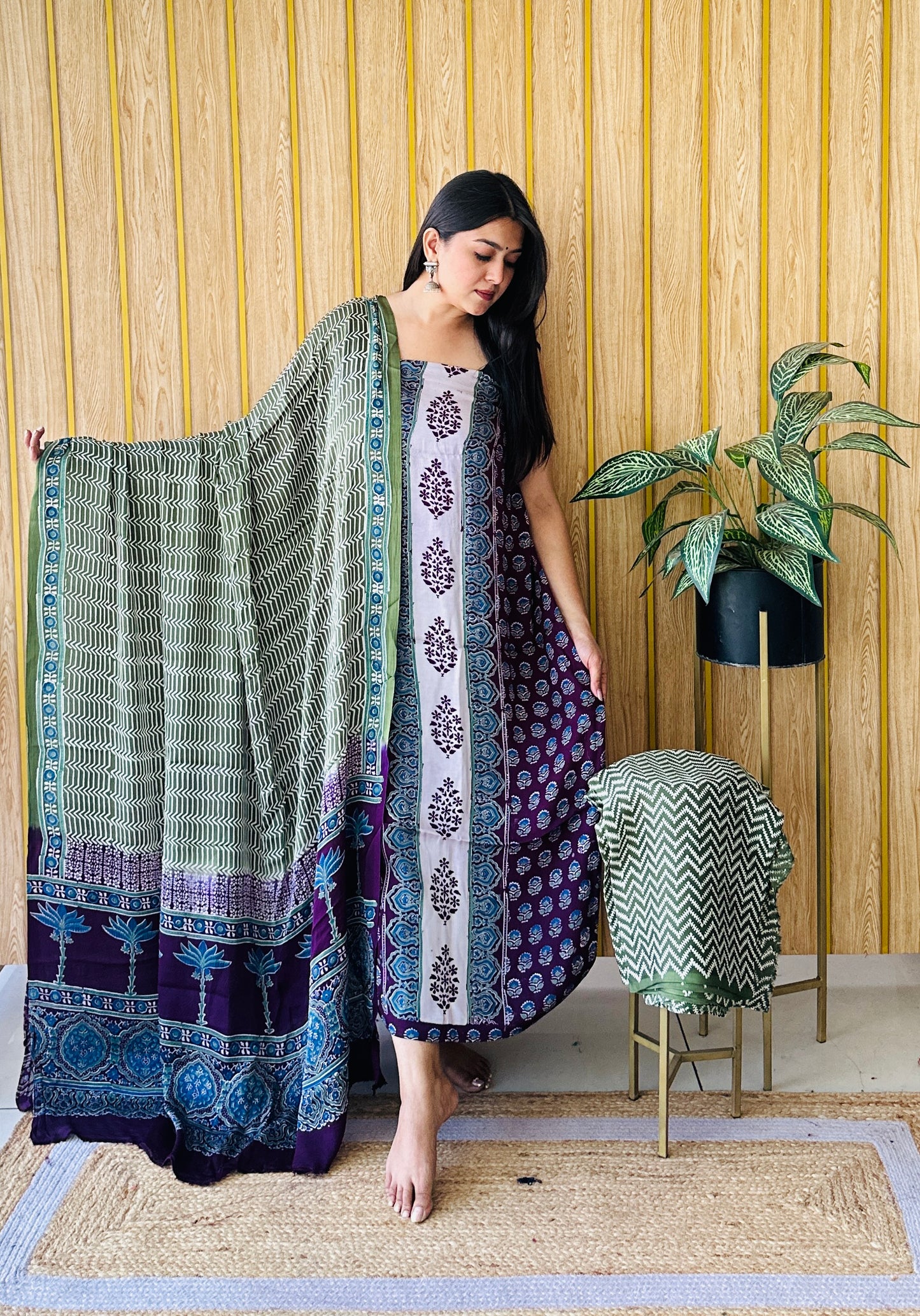 block flow wine and green dress material