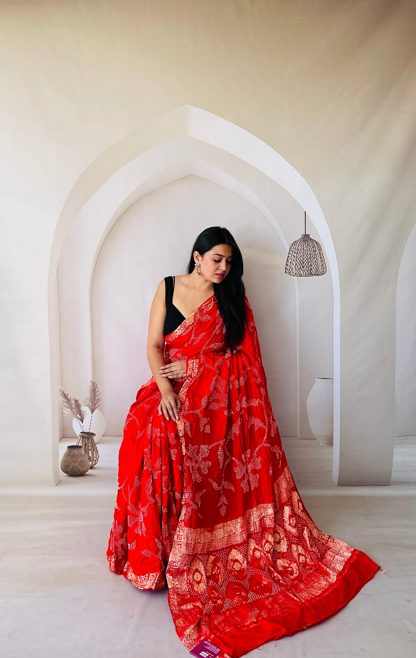 Silk charm hot Red Bandhani saree