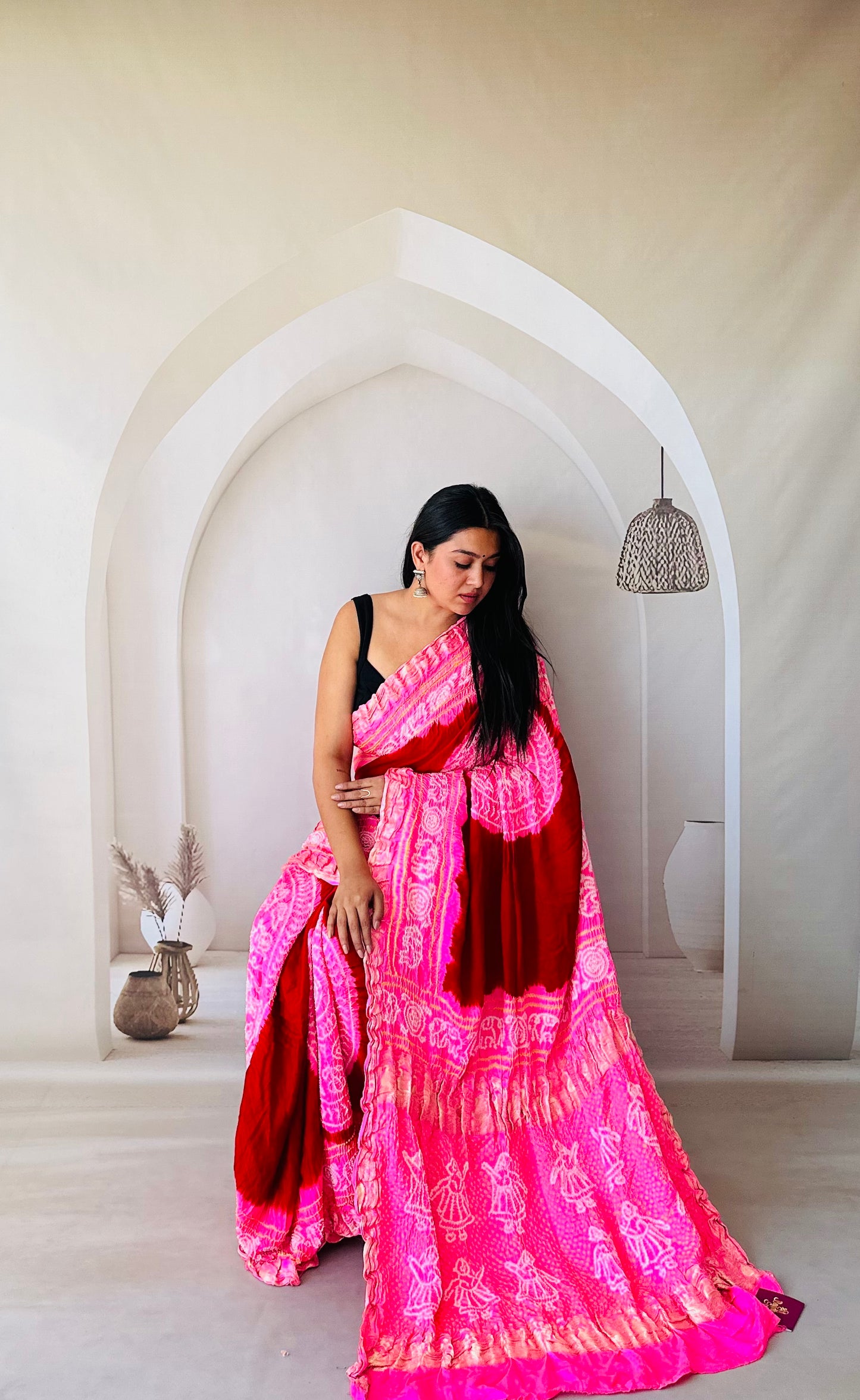 Tradition Luxe Pink and Red Bandhani Saree