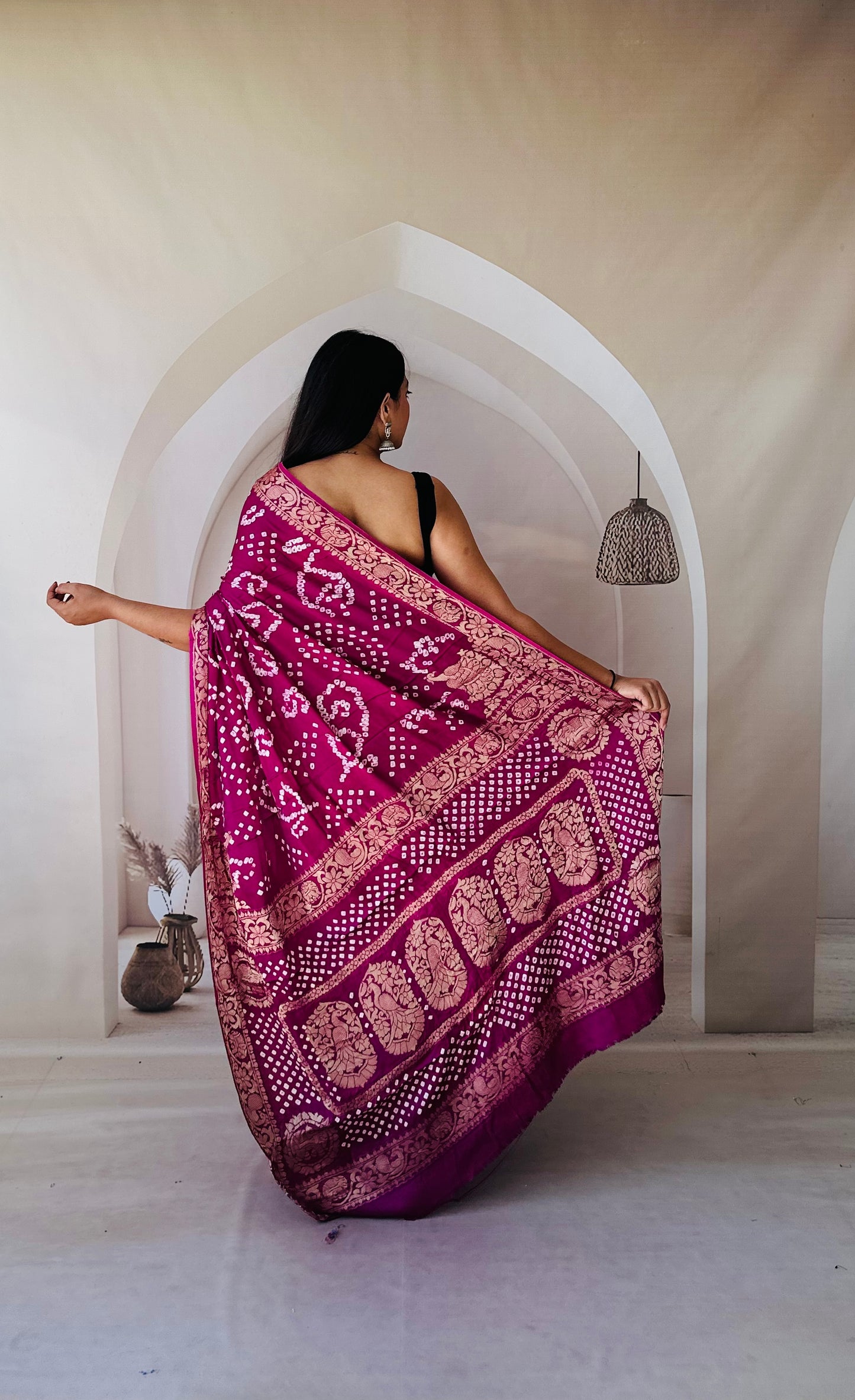 Enchanting Weaves Wine bandhani saree