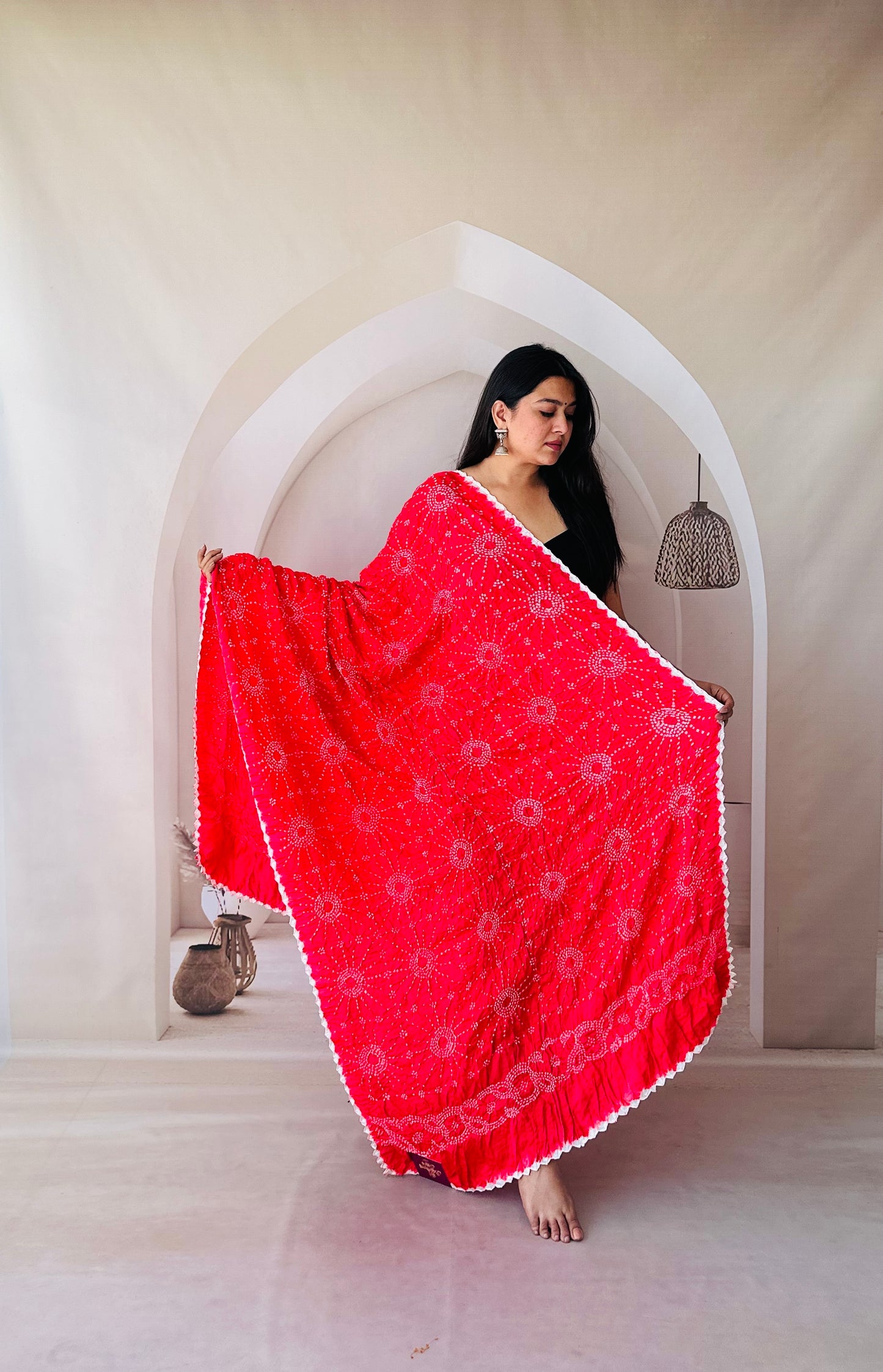 Bright Peach rai bandhej Dupatta
