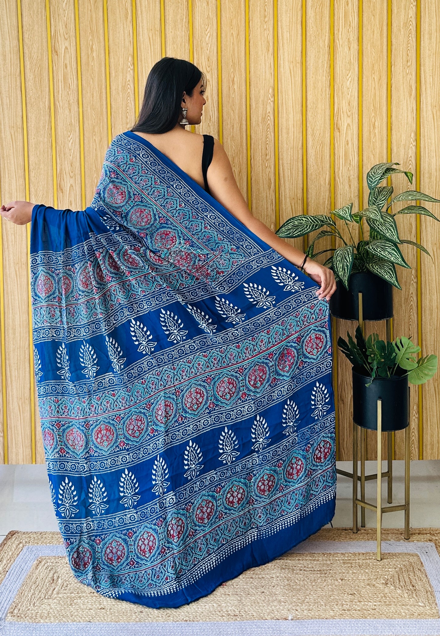 Floral Fantasy blue block print saree