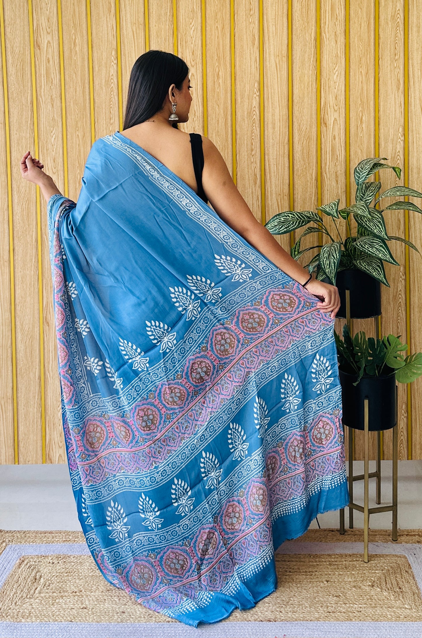 Floral Fantasy light blue block print saree