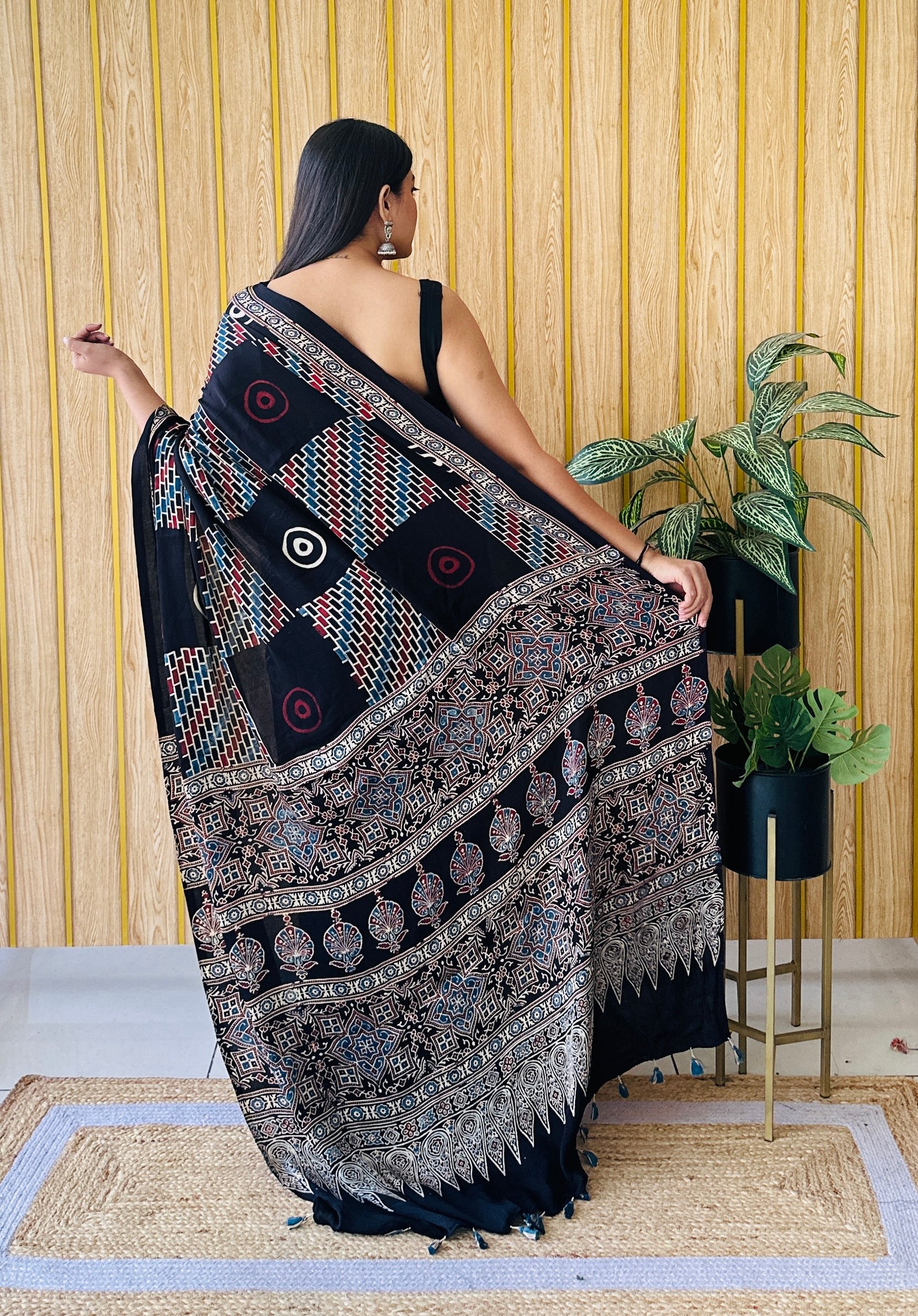 Nomadic beauty red and black Ajarakh block print saree