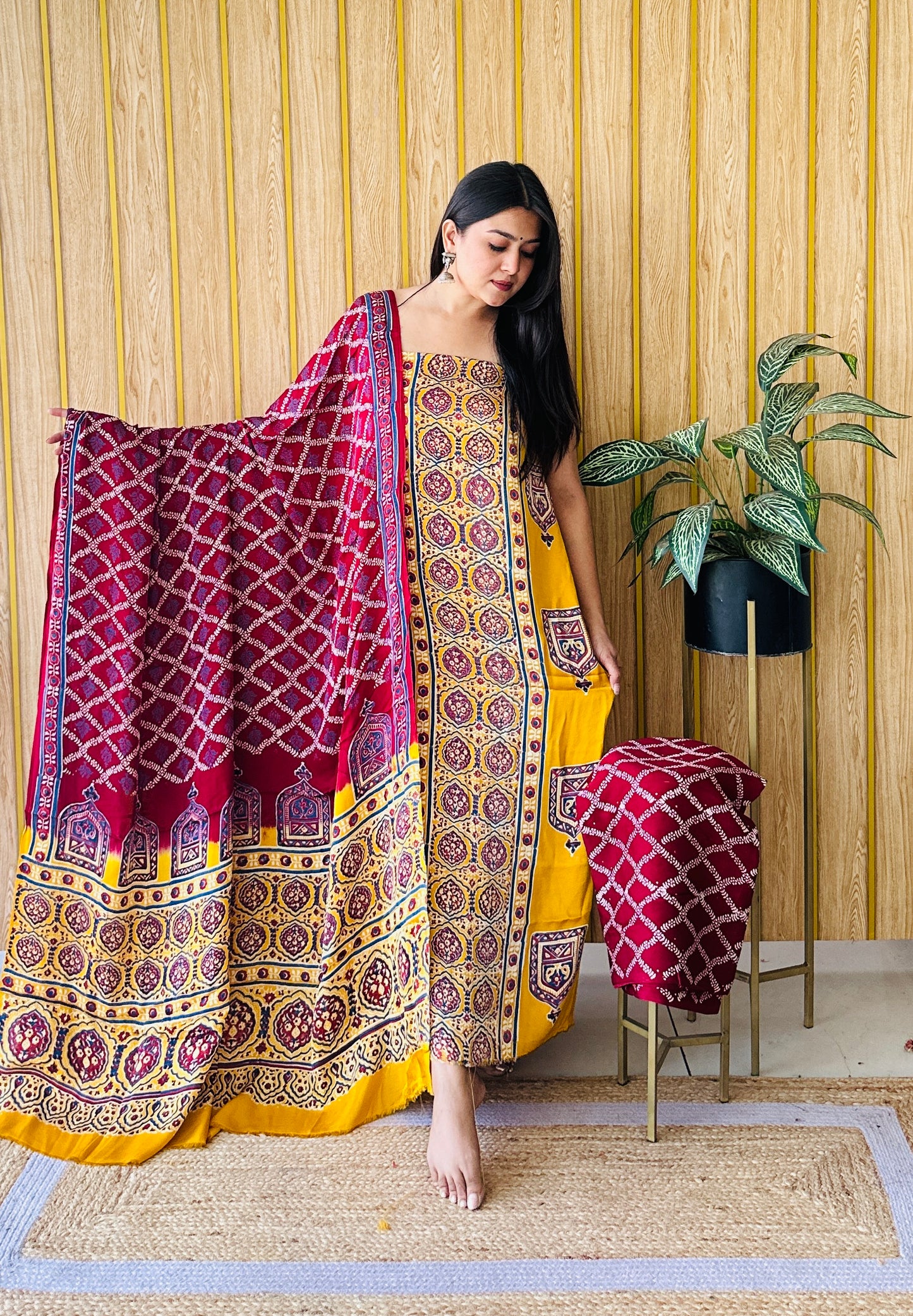 Timeless print red and yellow dress material