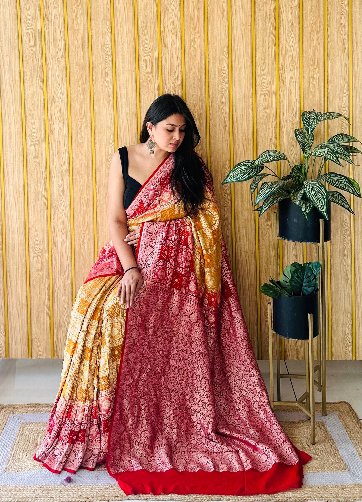 Banarasi glow red and yellow bandhani saree