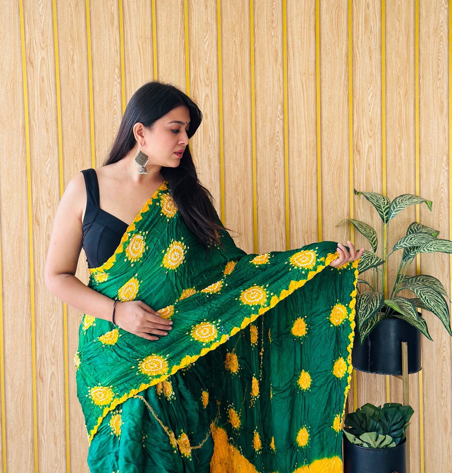 Hari Pankh – Yellow & Green Gulti Bandhani Saree in Modal Silk