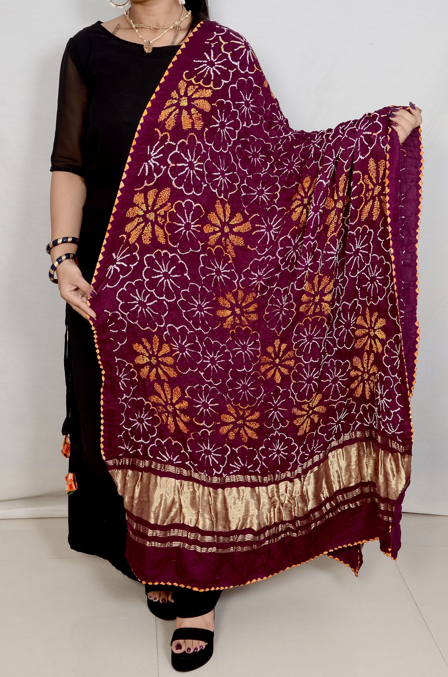 Dark Purple mutlti floral rai bandhej Dupatta