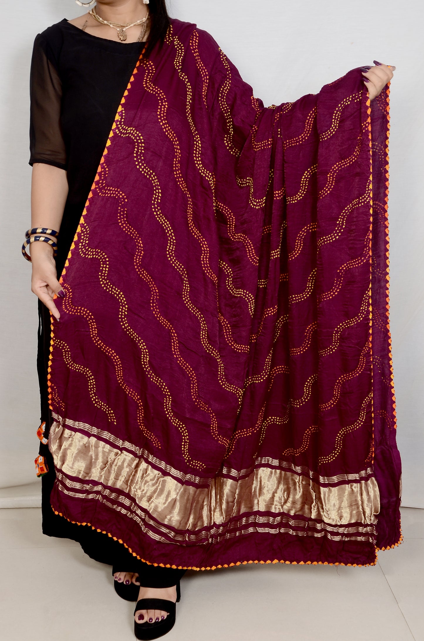 Wine multi colour rai bandhej Dupatta