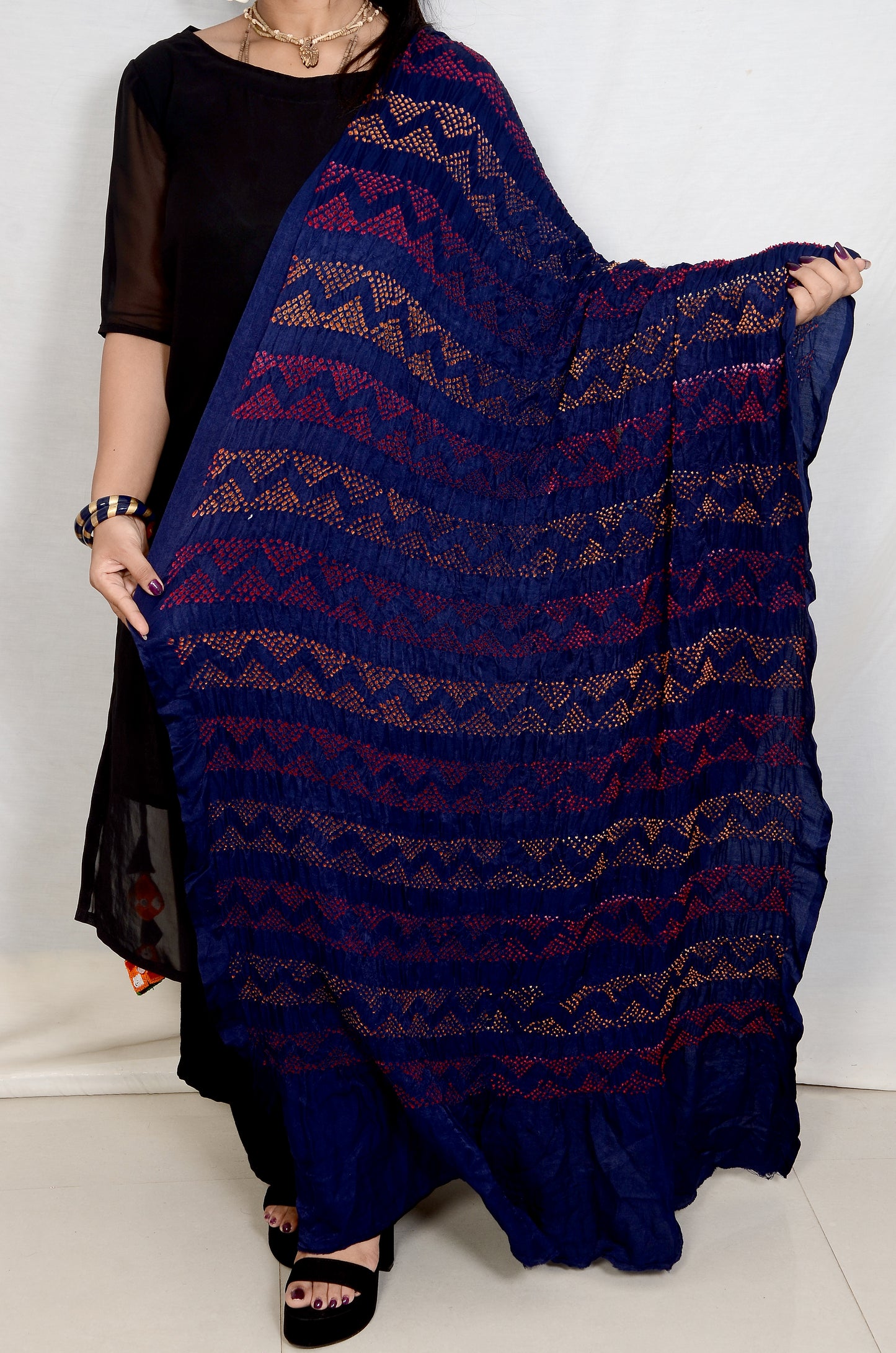 Navy blue multi colour rai bandhej dupatta