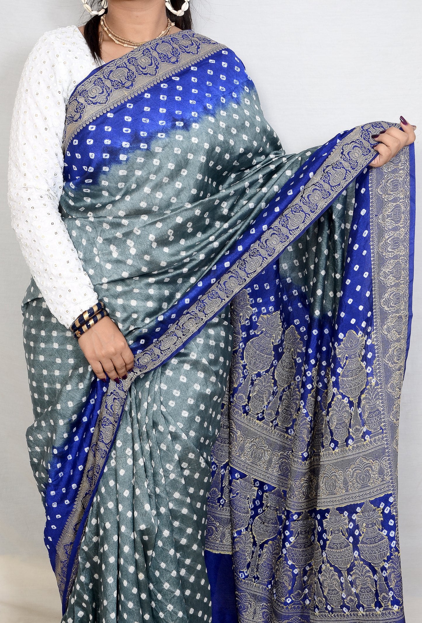 Blue and Grey Dupion Silk Bandhani Saree