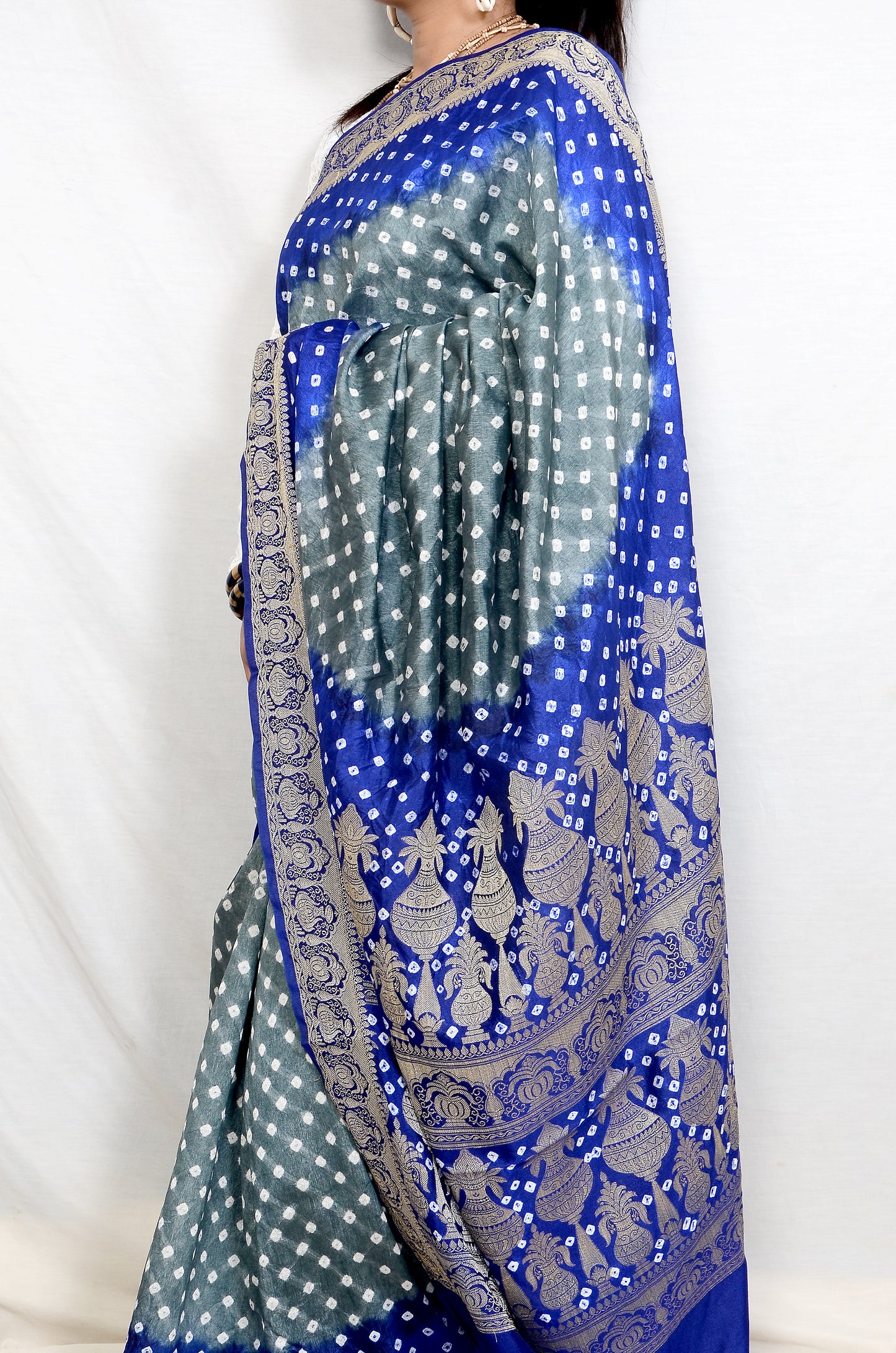 Blue and Grey Dupion Silk Bandhani Saree