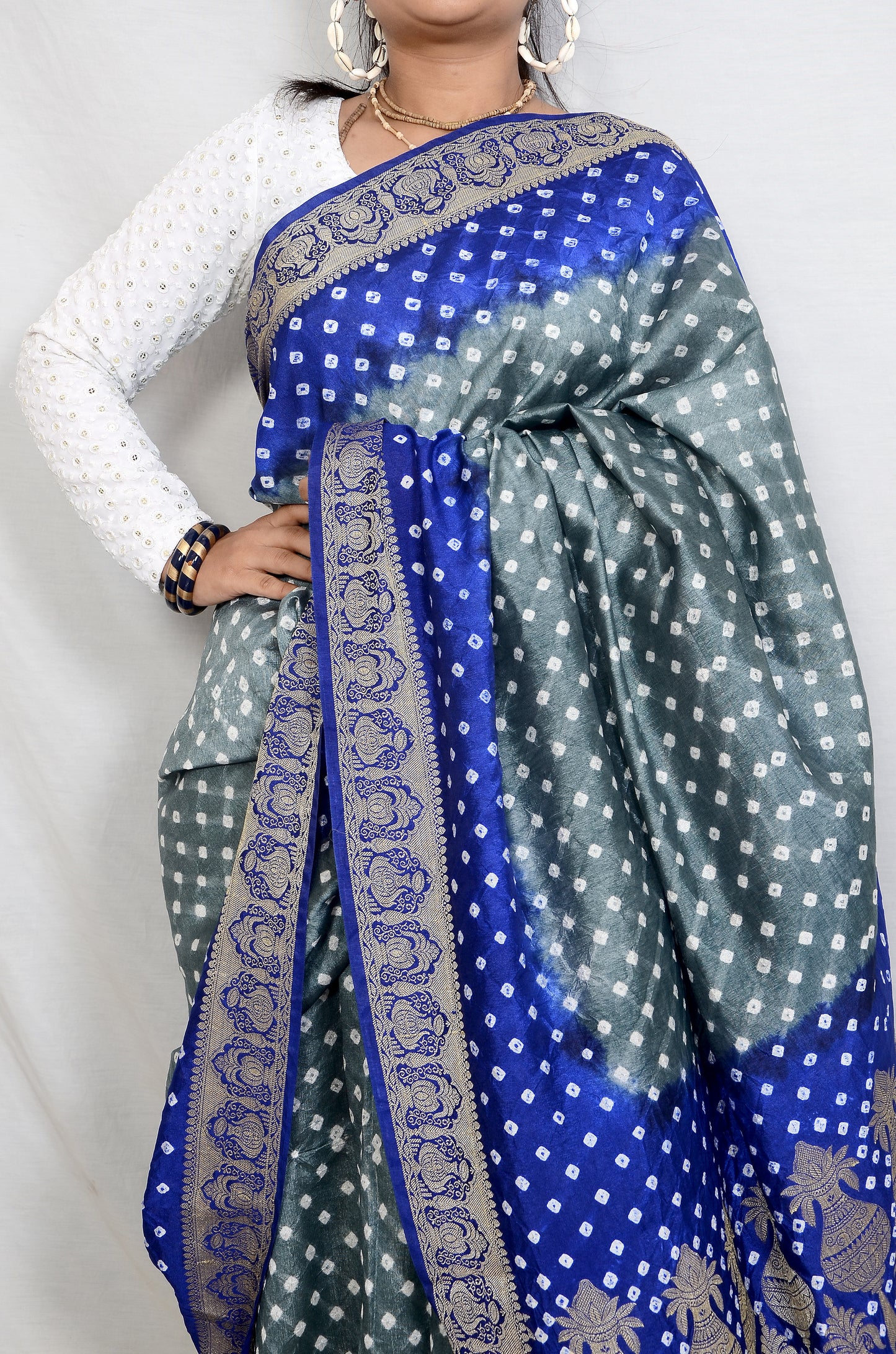 Blue and Grey Dupion Silk Bandhani Saree