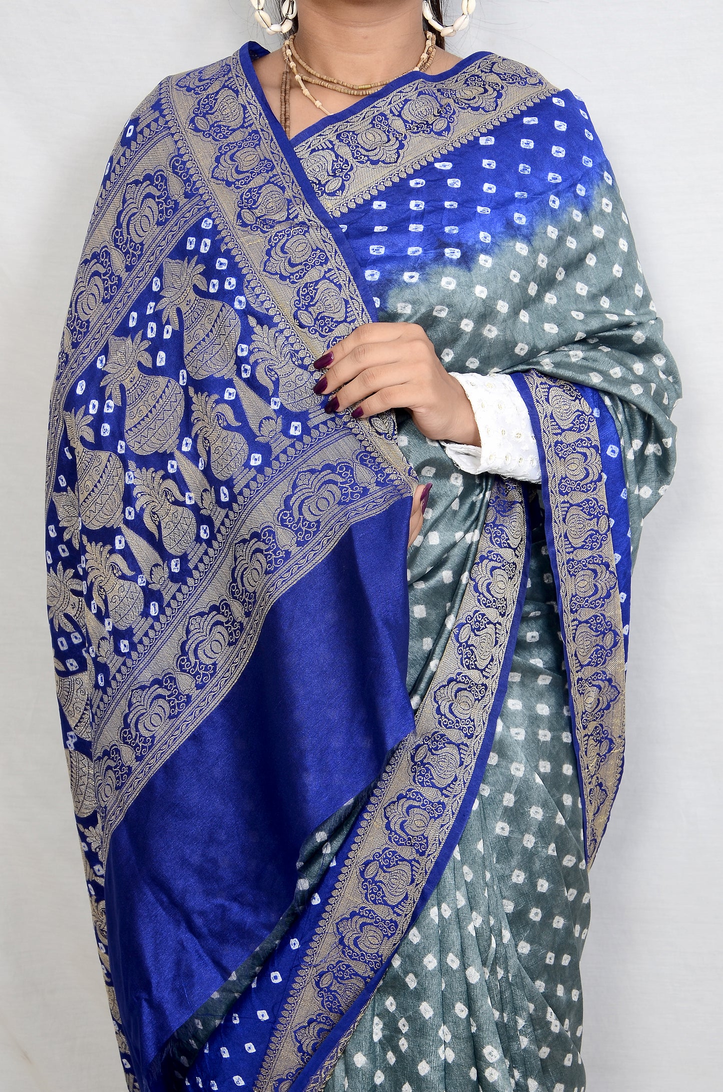Blue and Grey Dupion Silk Bandhani Saree