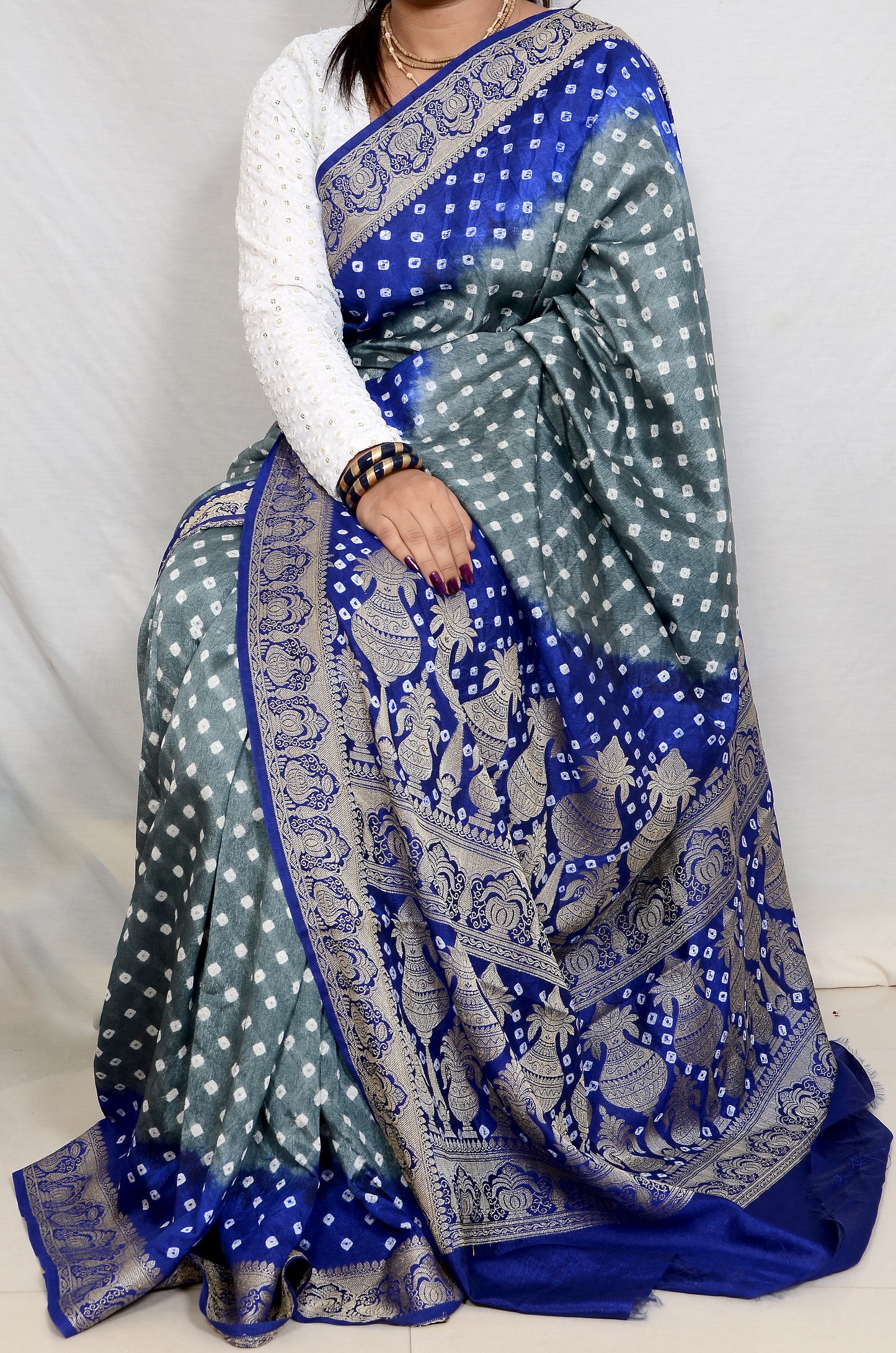Blue and Grey Dupion Silk Bandhani Saree