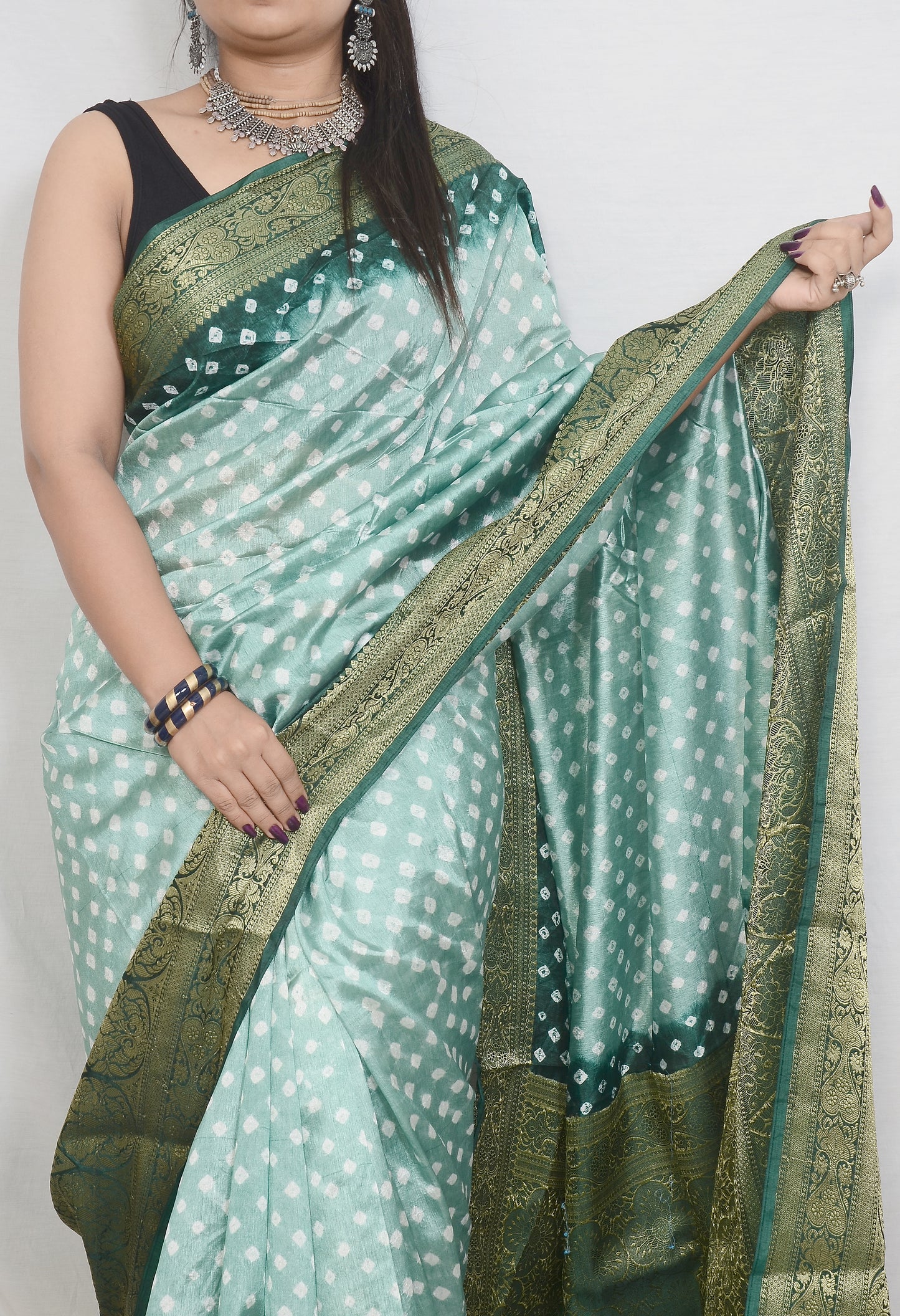 Grey and Dark Blue Dupion Silk Bandhani Saree