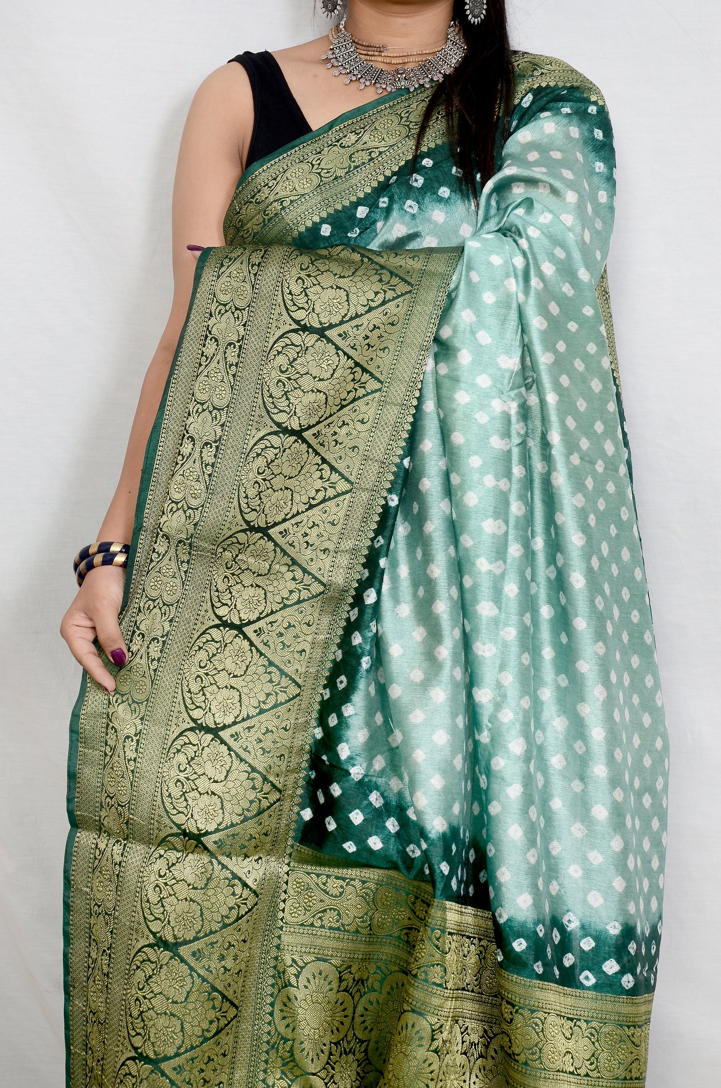 Grey and Dark Blue Dupion Silk Bandhani Saree