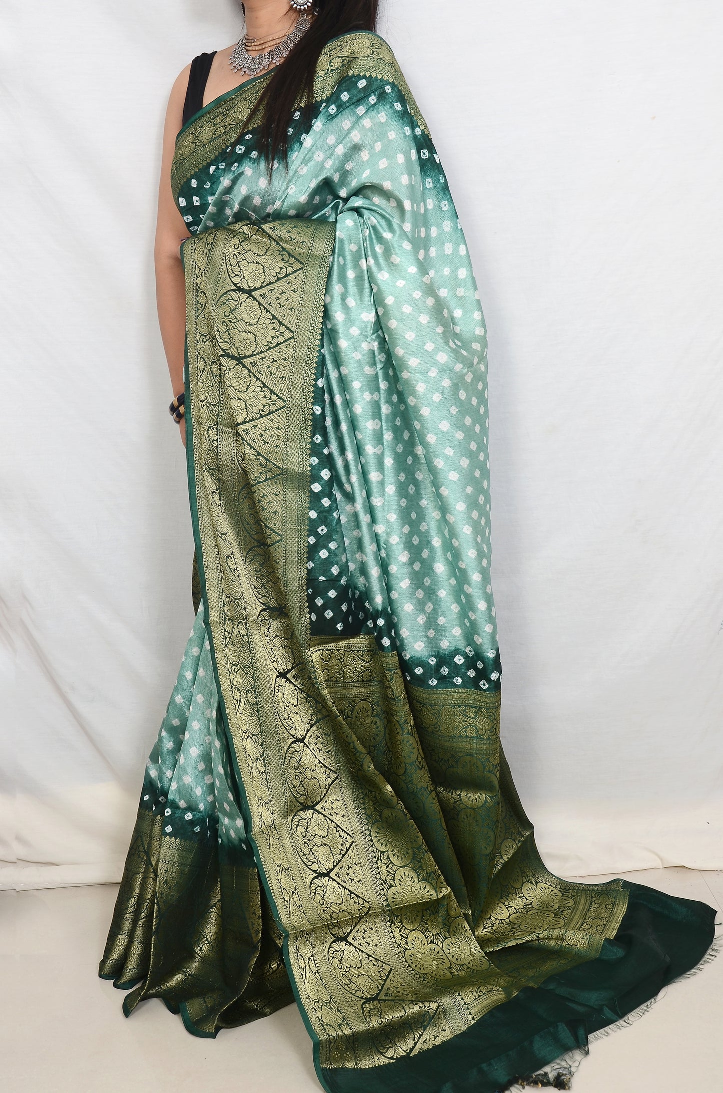 Grey and Dark Blue Dupion Silk Bandhani Saree