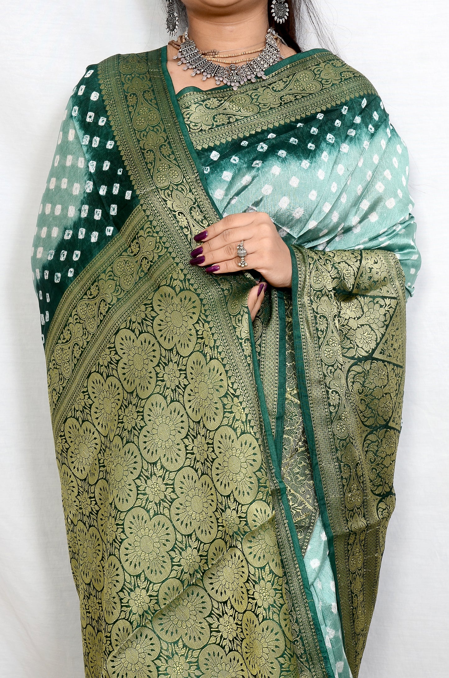 Grey and Dark Blue Dupion Silk Bandhani Saree