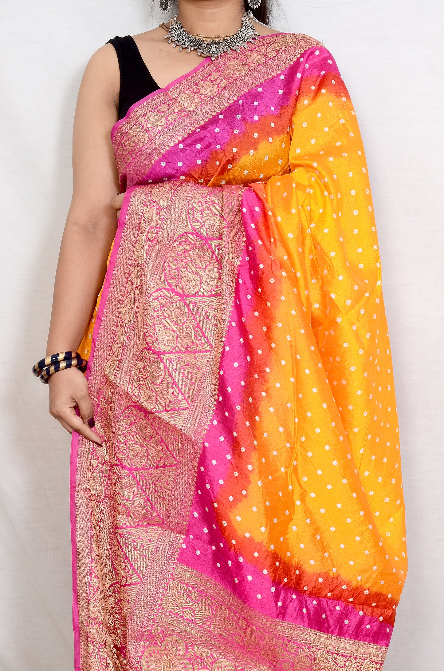 Bright yellow and Pink Dupion Silk Bandhani Saree