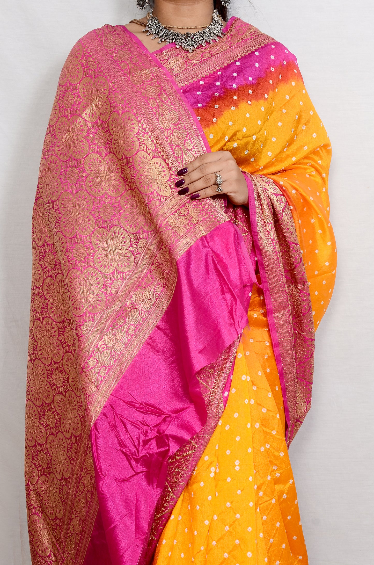 Bright yellow and Pink Dupion Silk Bandhani Saree
