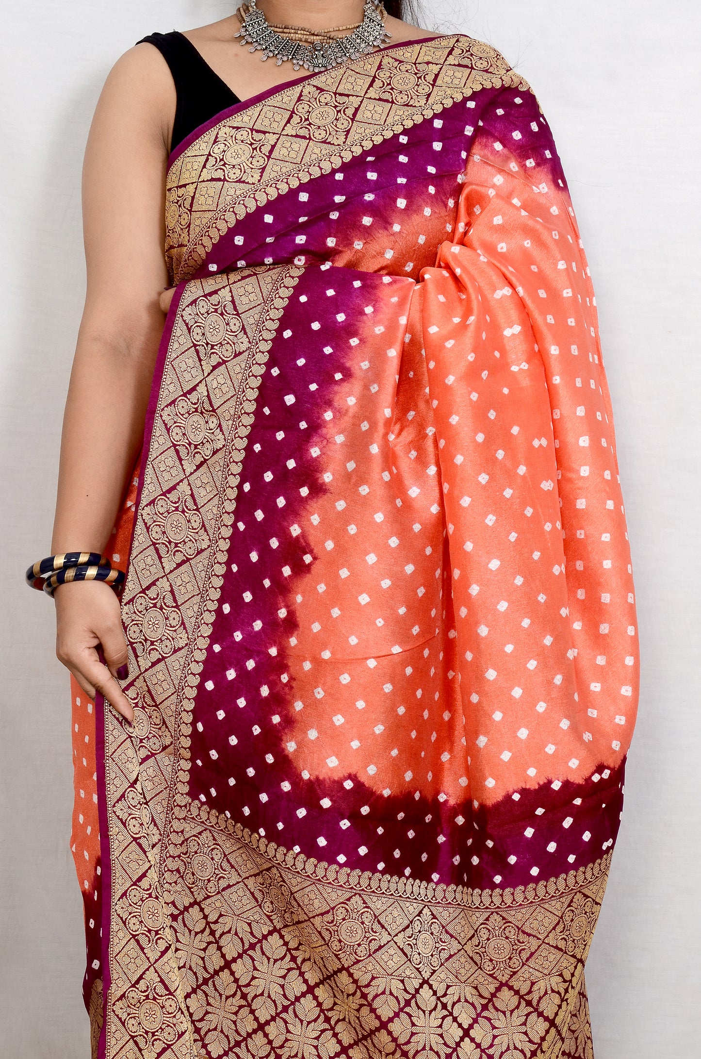 Peach orange and Wine Dupion Silk Bandhani Saree