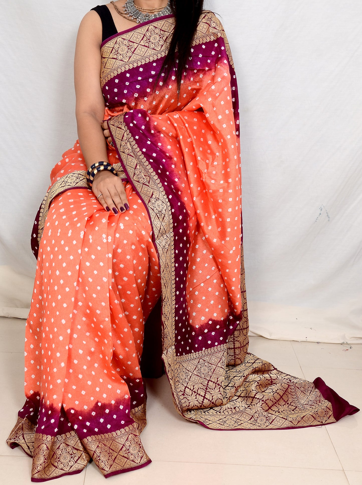 Peach orange and Wine Dupion Silk Bandhani Saree