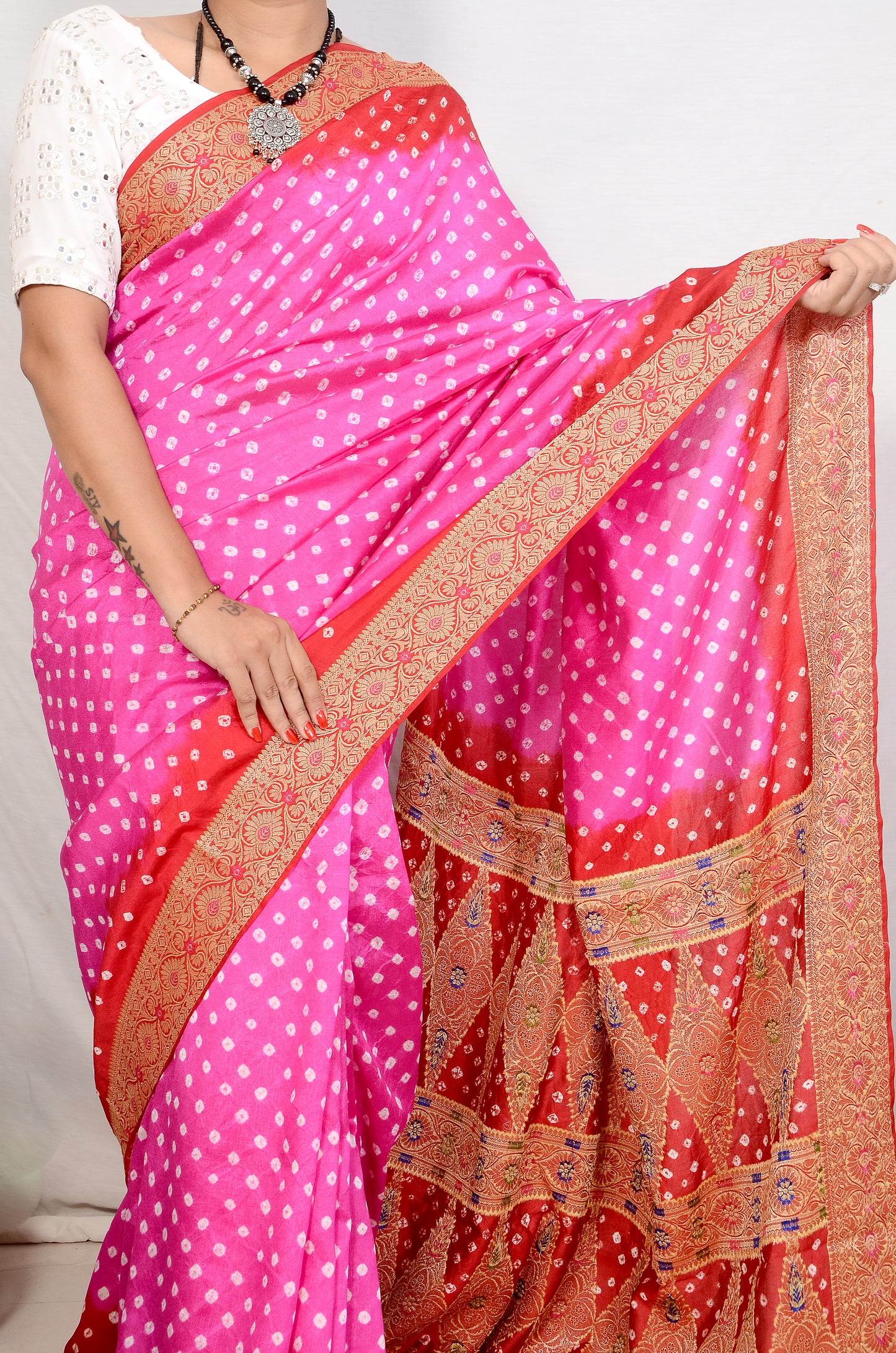 Rani Pink and Bright Red Dupion Silk Bandhani Saree