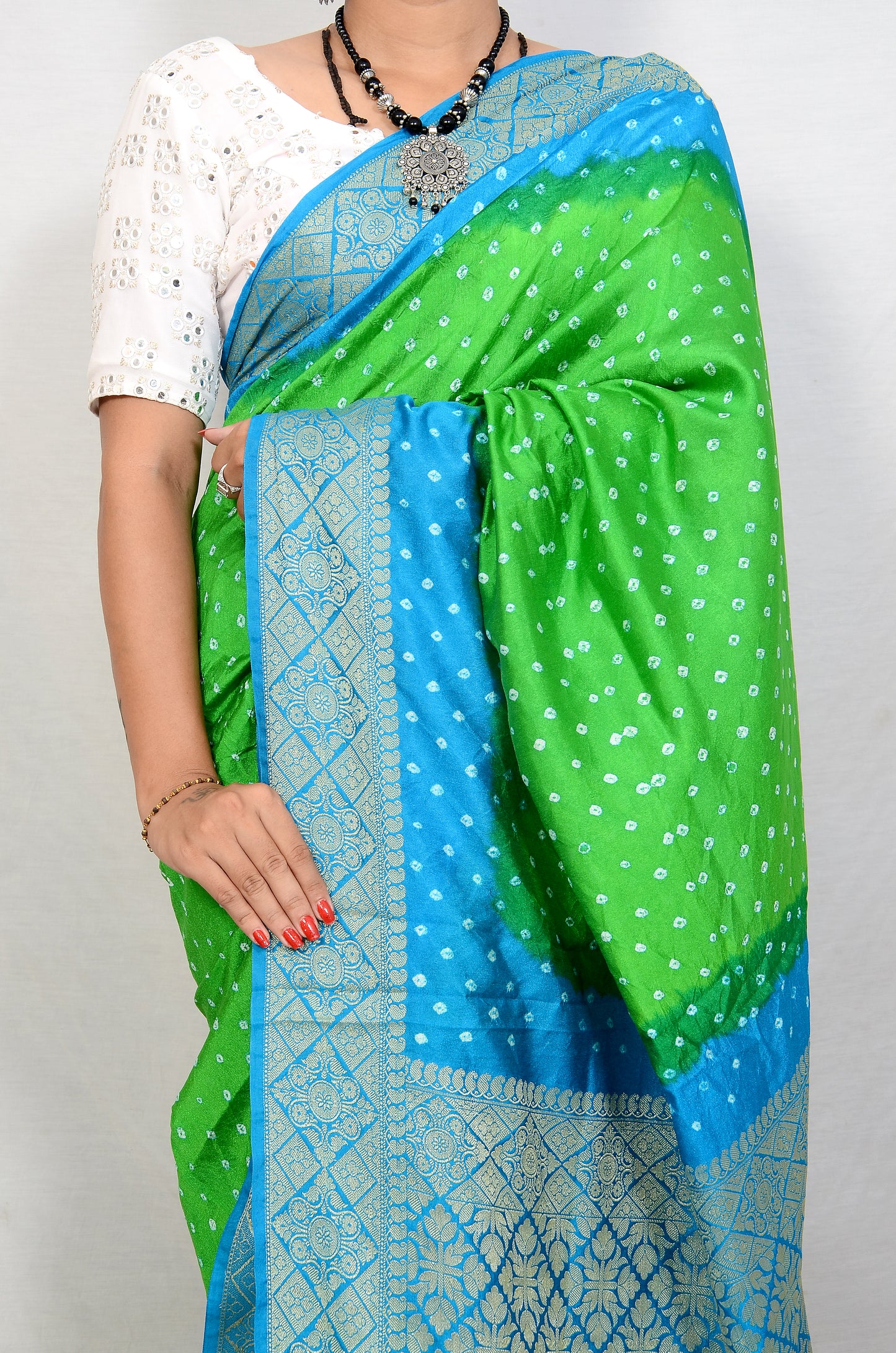 Parrot green and Dark Sky blue dupion silk bandhani saree