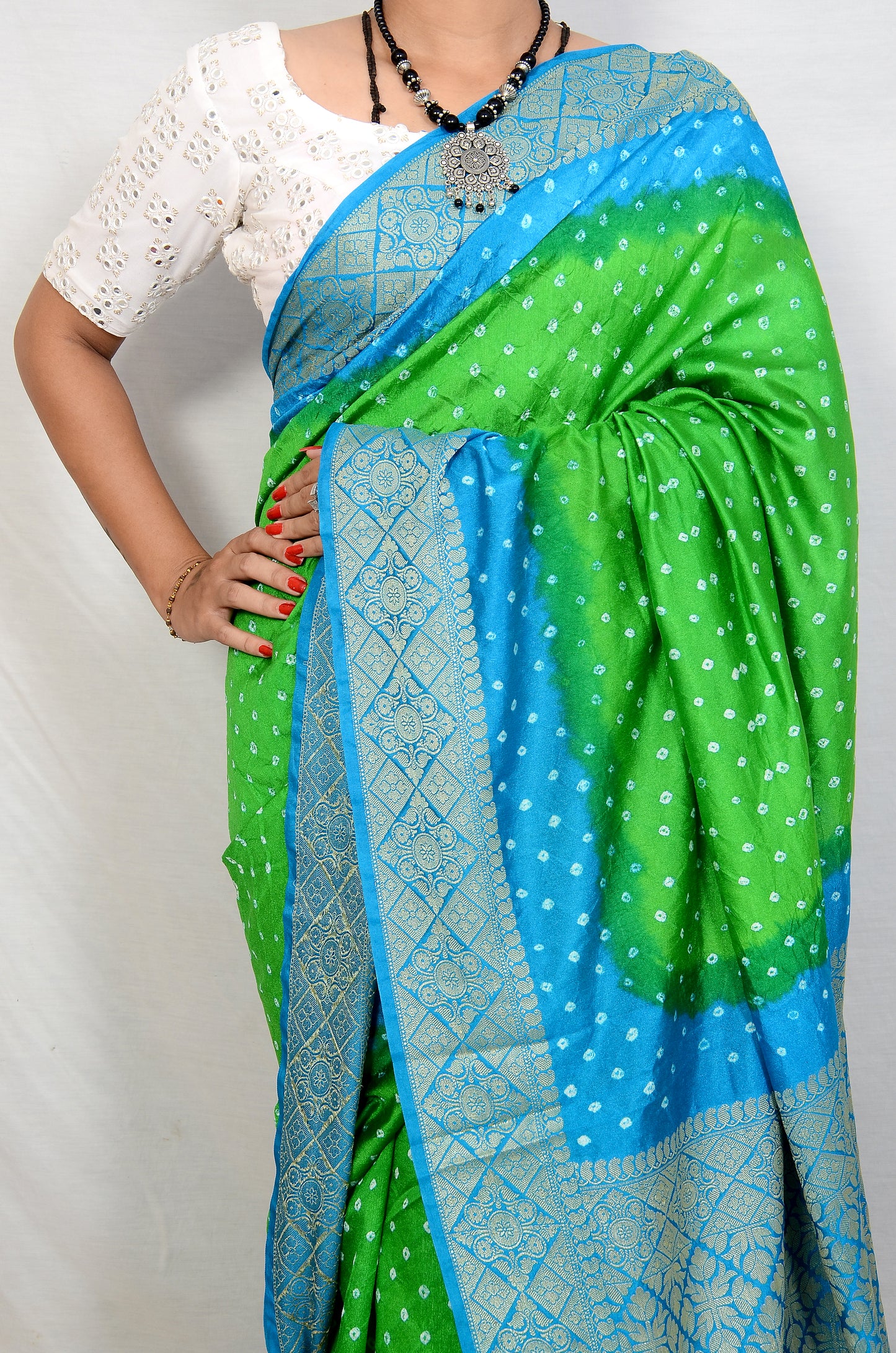 Parrot green and Dark Sky blue dupion silk bandhani saree