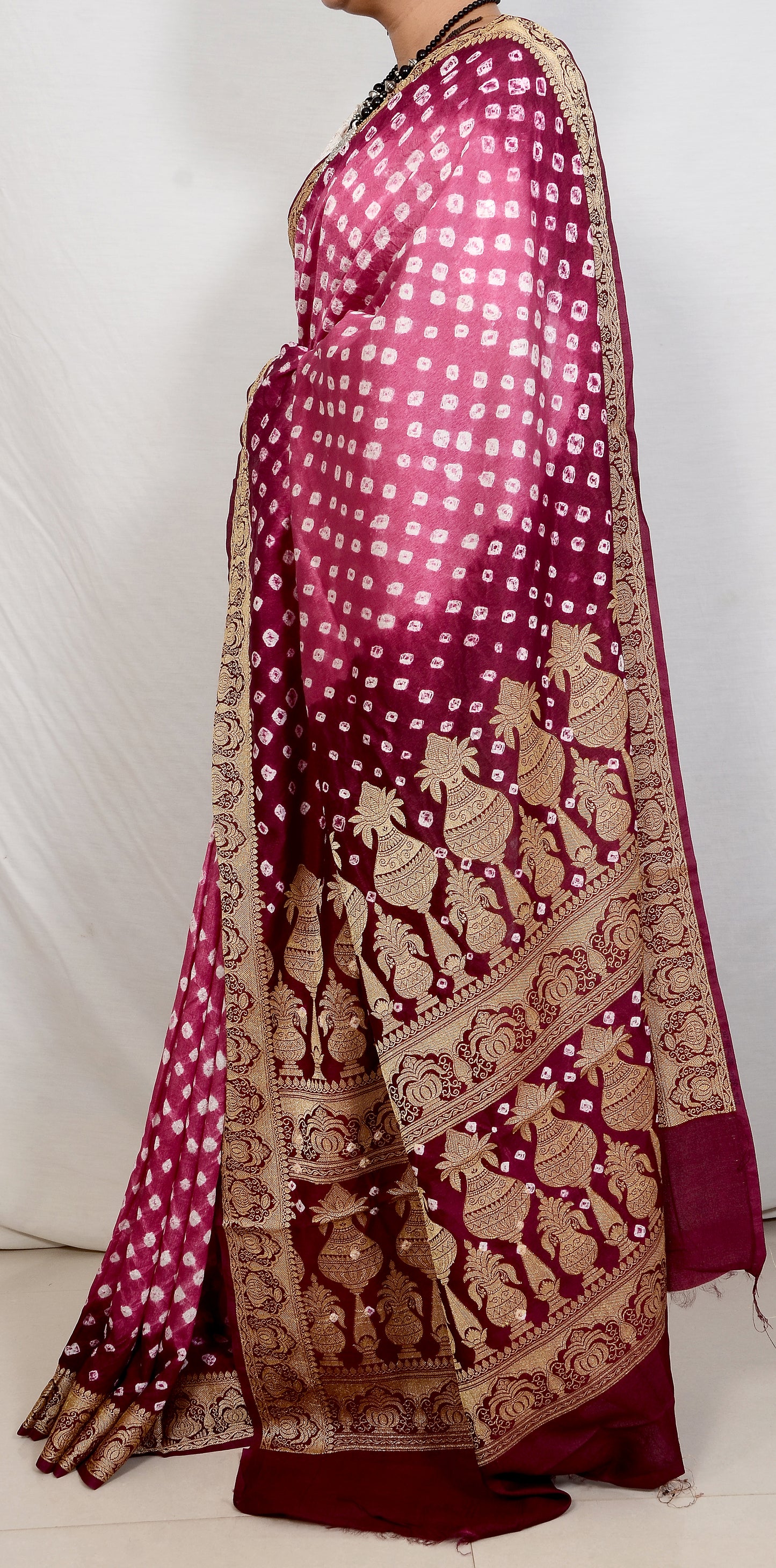 Pink and Maroon Dupion Silk Bandhani Saree