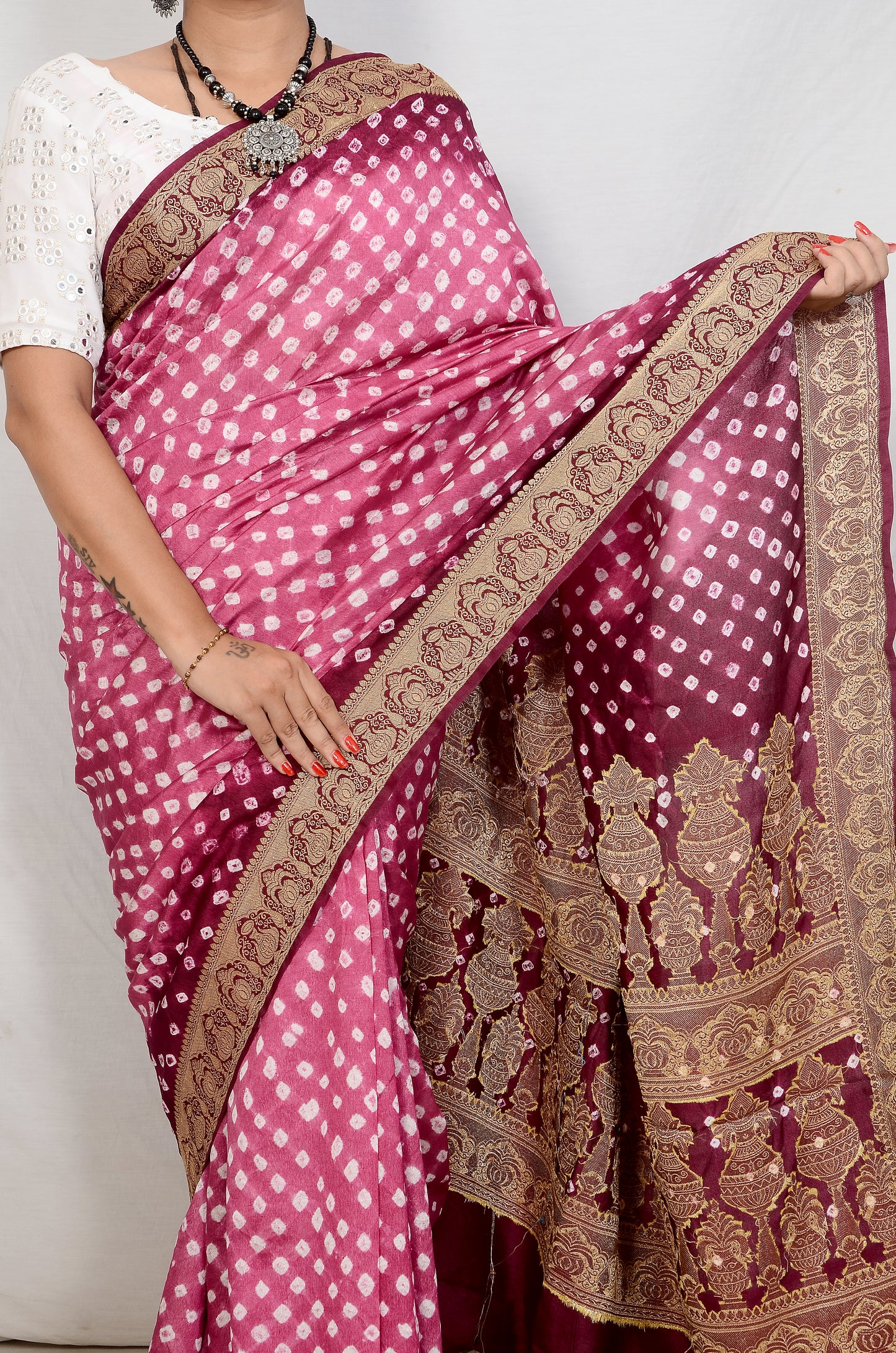 Pink and Maroon Dupion Silk Bandhani Saree