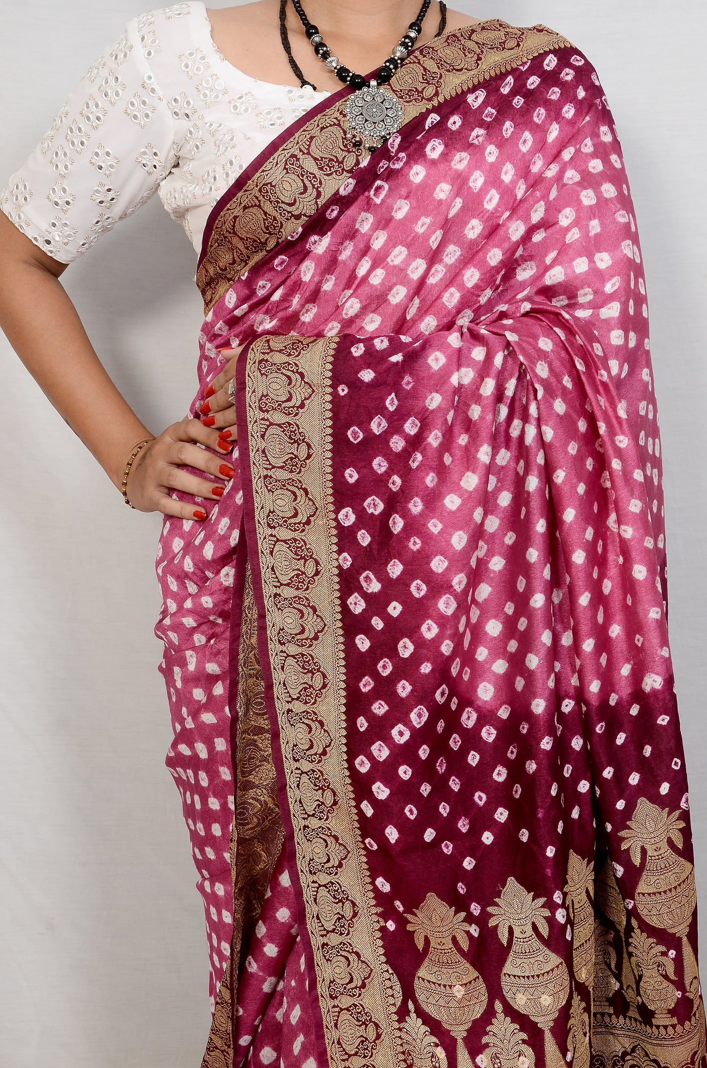 Pink and Maroon Dupion Silk Bandhani Saree
