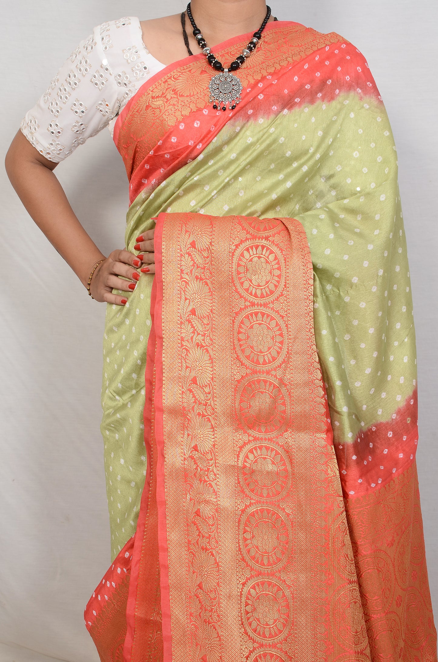Parrot green and Orange Dupion Silk Bandhani Saree