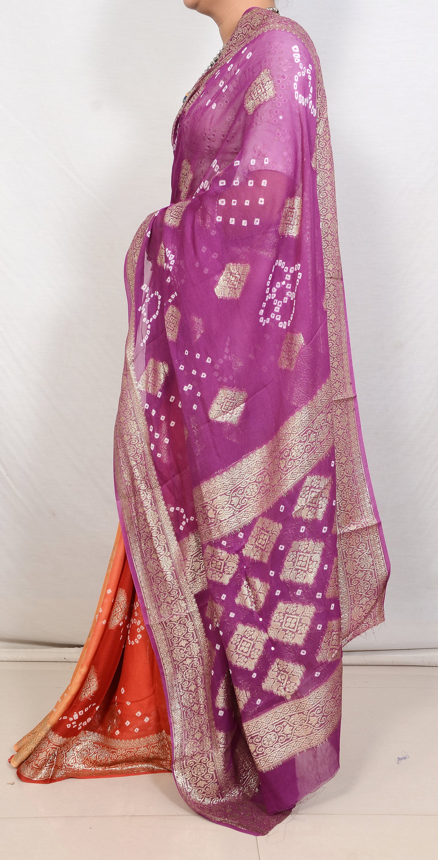 Light Purple And Orange Vegan Georgette Bandhani Saree