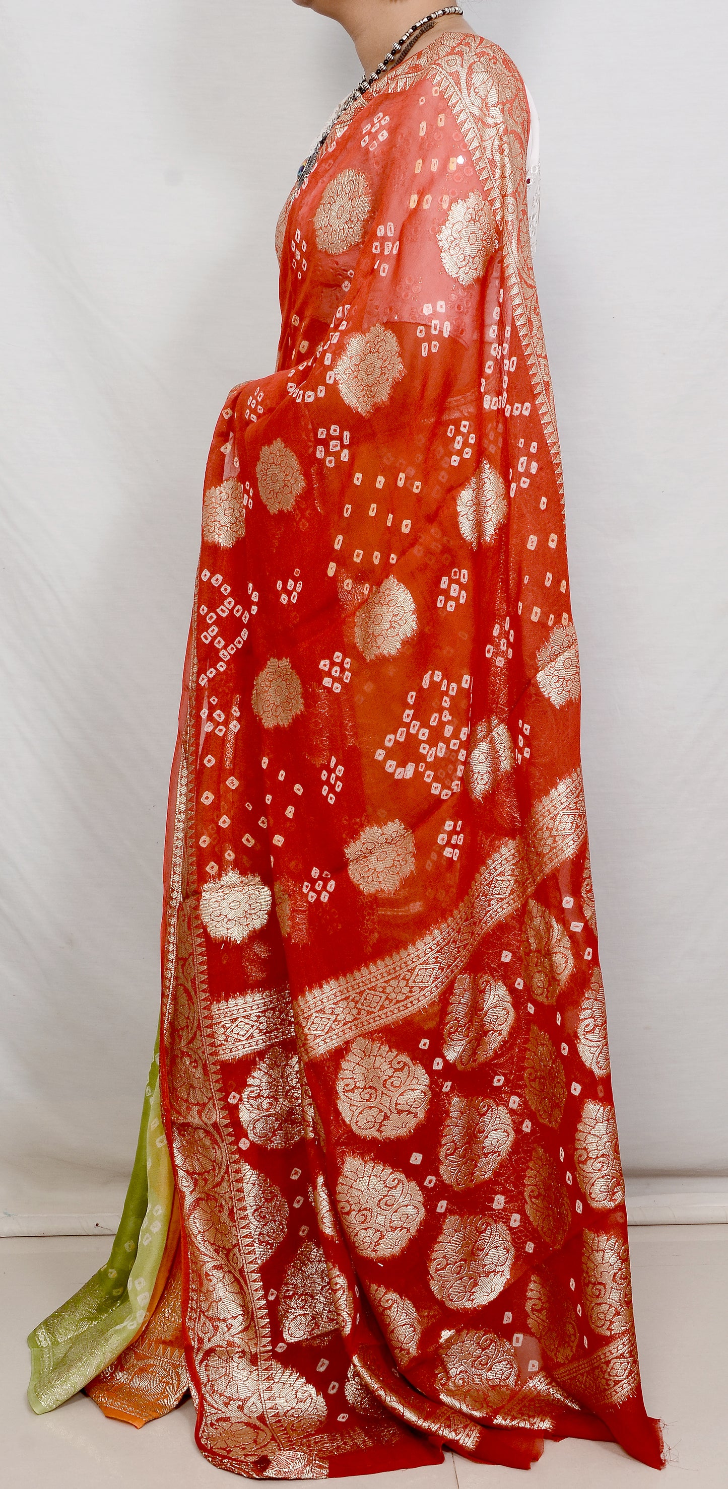 Red orange and parrot green Vegan Georgette Bandhani Saree (Copy)