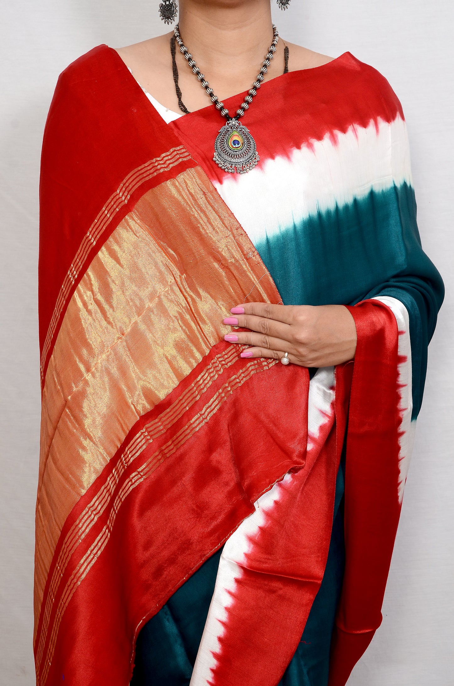 Artisanal Grace Red and green modal saree