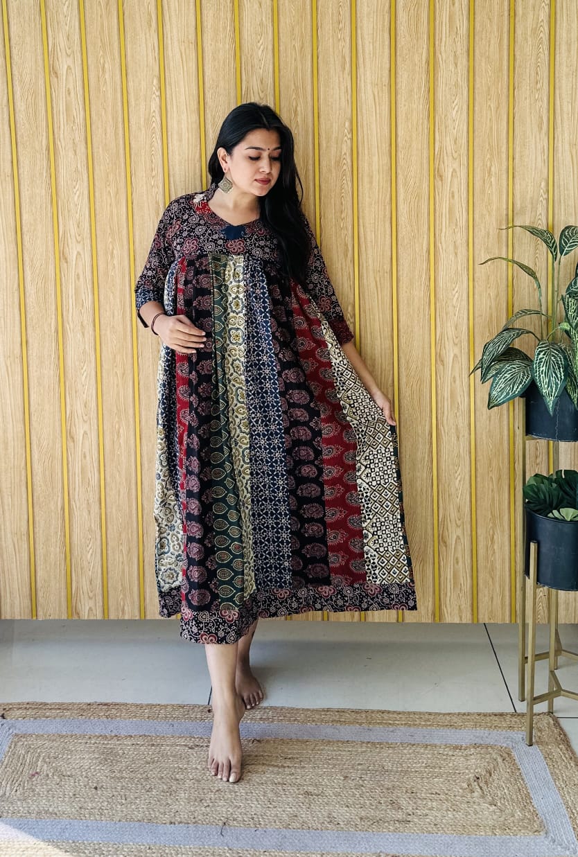Multi Patch work frock style AJRAKH BLOCK PRINT KURTI