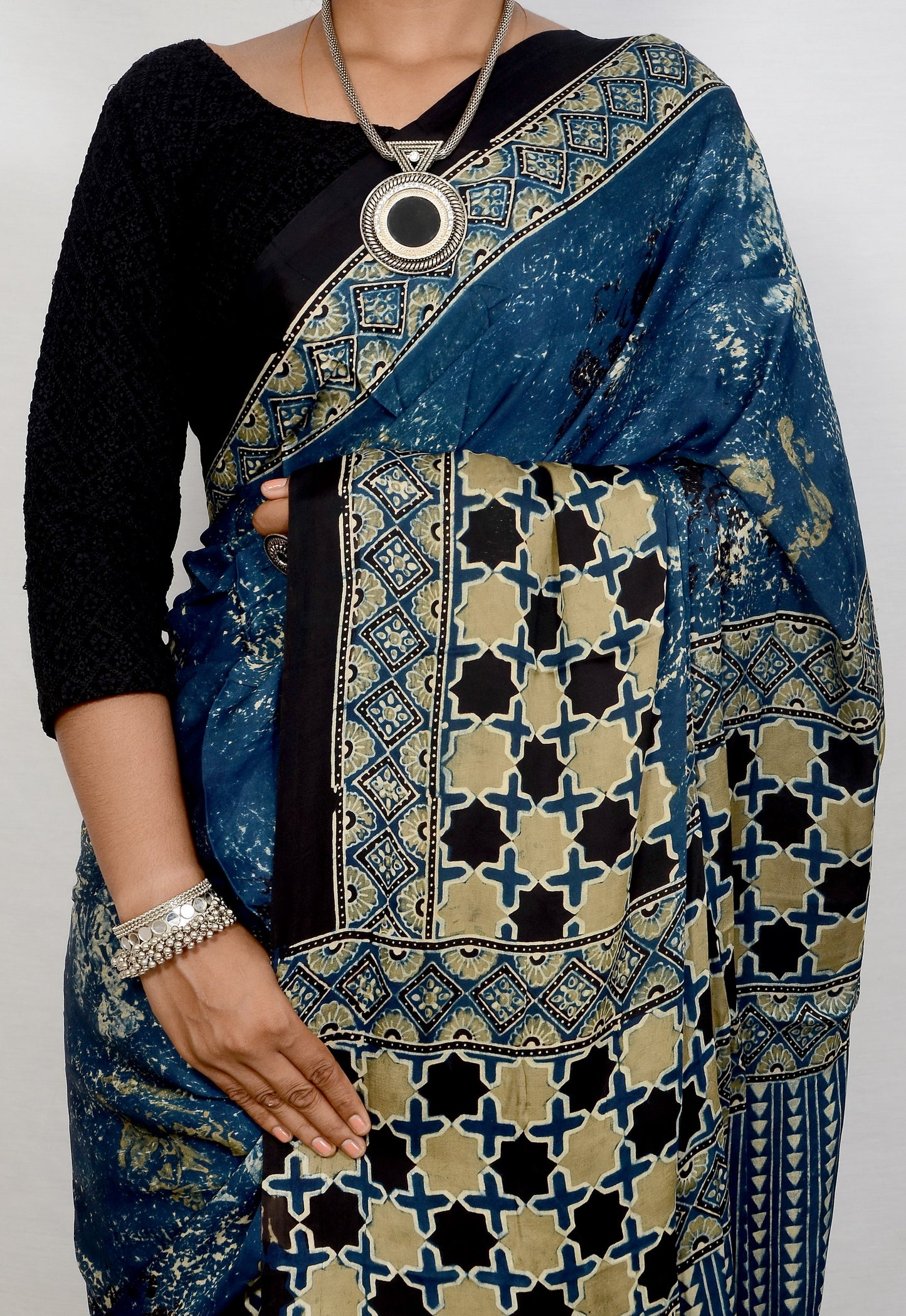 "Blue Mirage – Ajrakh Hand Block Print Saree in Modal Silk"