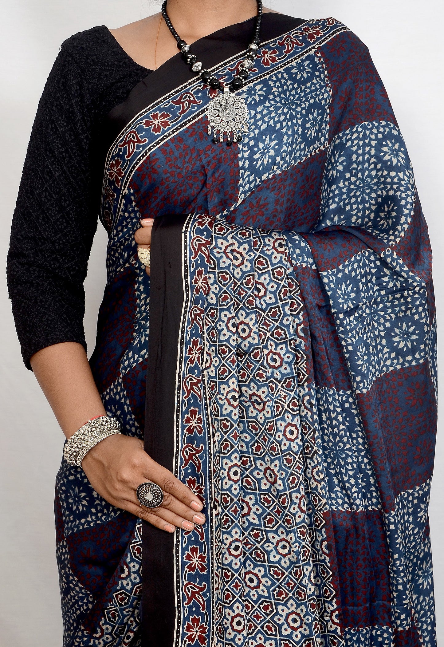 "Midnight Rhythm – Indigo Ajrakh Hand Block Print Saree in Modal Silk"