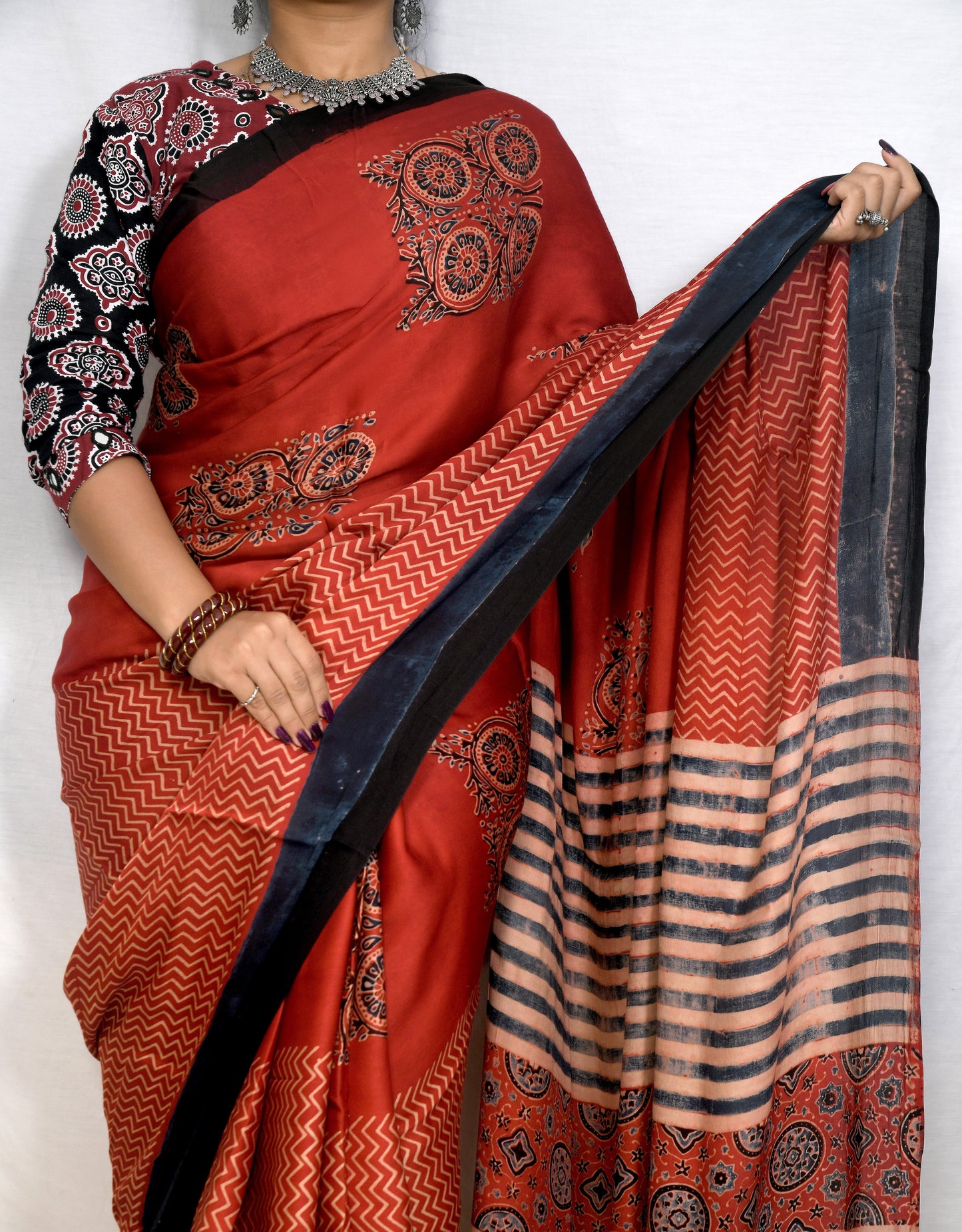"Maroon Mystique – Modal Saree with Hand Block Ajrakh Print"
