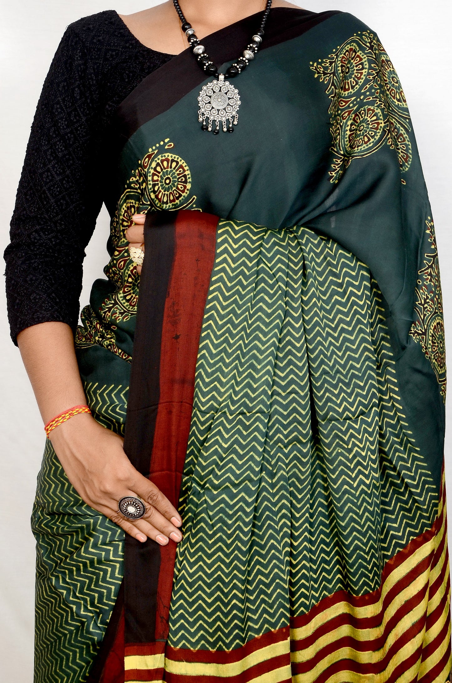 "Mehndi Muse – Green Ajrakh Hand Block Print Saree in Modal Silk"
