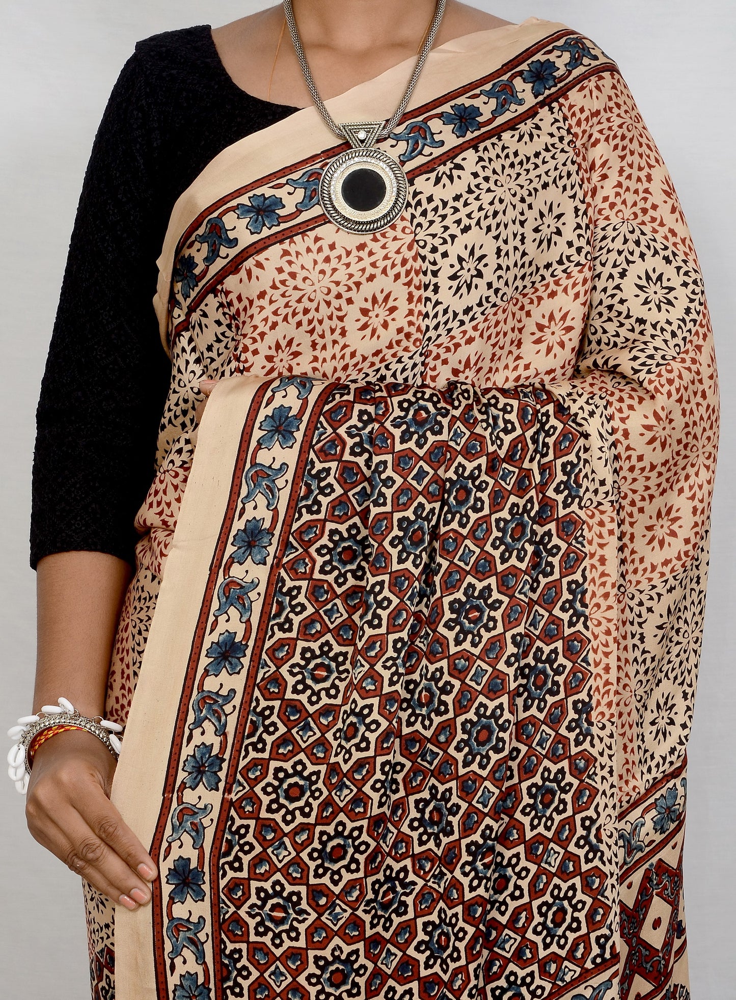 "Ivory Whisper – White Ajrakh Modal Silk Saree"